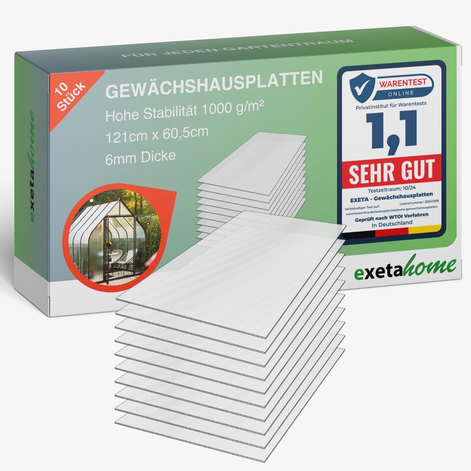 10x Gewächshausplatten 6 mm I Polycarbonat Hohlkammerplatten für Gewächshäuser I PC Doppelstegplatten UV-beständig & bruchsicher I für Garten, Frühbeet uvm I 60,5cm x 121cm I Transparent