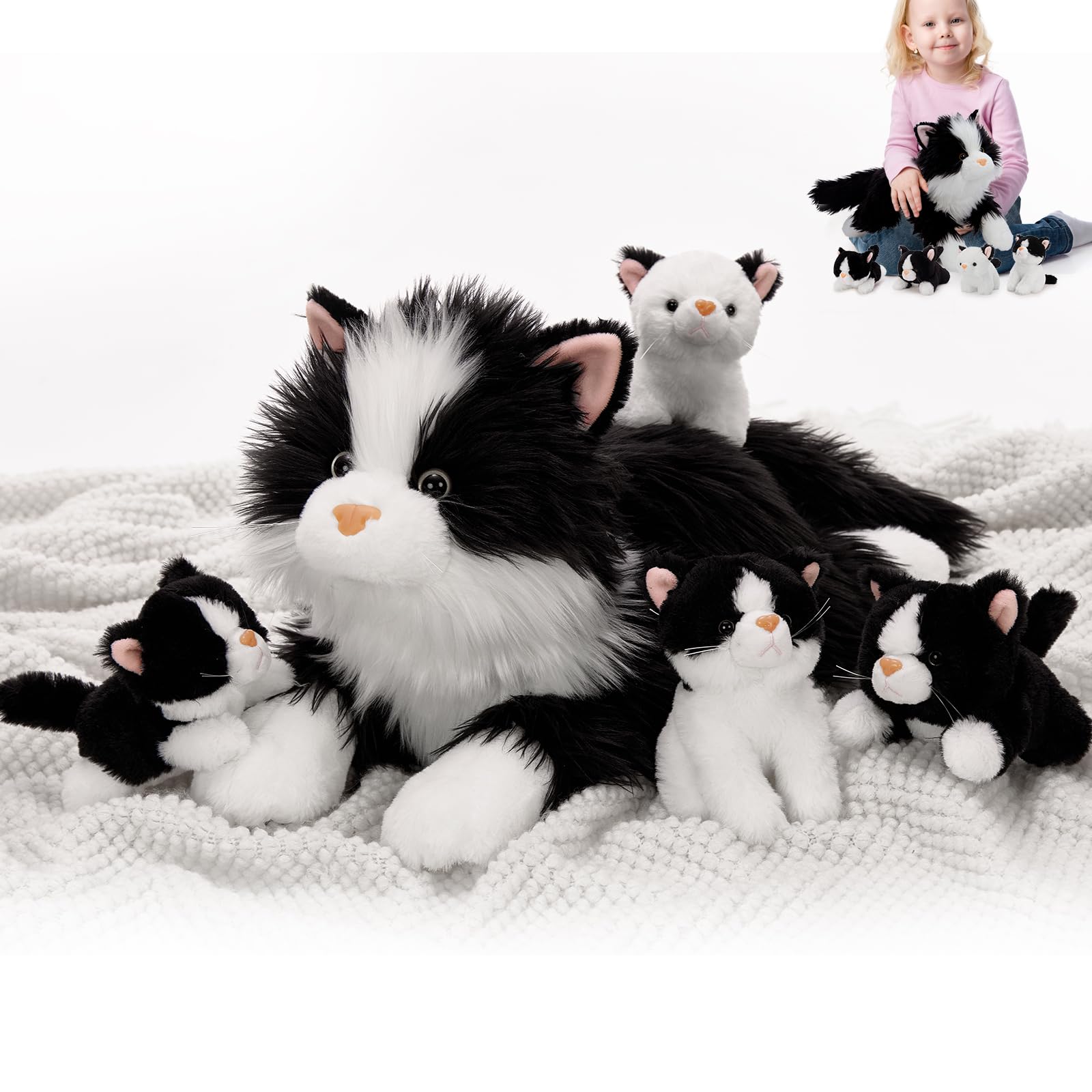 MorisMos Gato de peluche con cachorros en el vientre, realista gatito muñeco juguete de peluche grande suave Kawaii, lindo regalo para niños niña niño cumpleaños Navidad (50 cm)