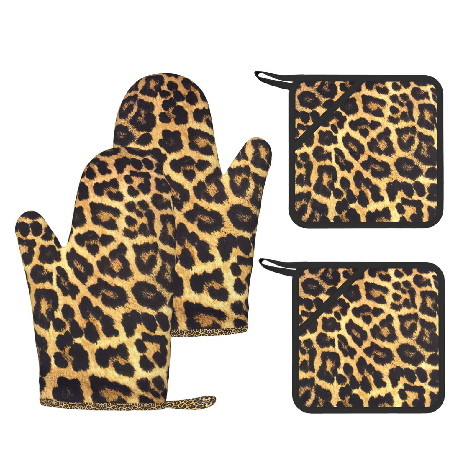 Leopard Print Printed Pot Holders and Oven Mitts 4-Piece, Non-Slip Kitchen Gloves with Utensil Pocket for BBQ