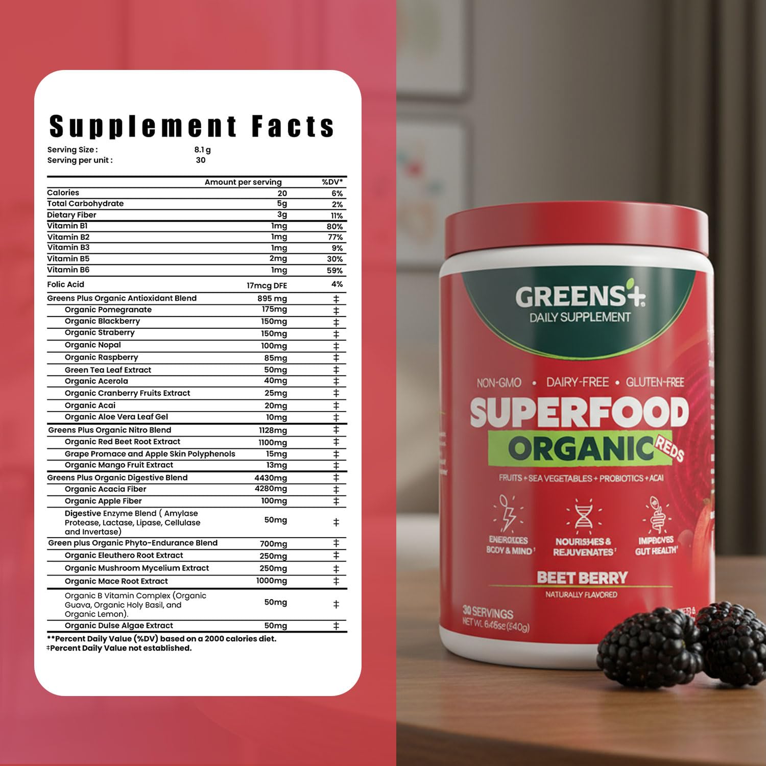 Greens+ Organic Reds Superfood Powder, Antioxidant Energy Powder 8.78 oz — Amazon image 5