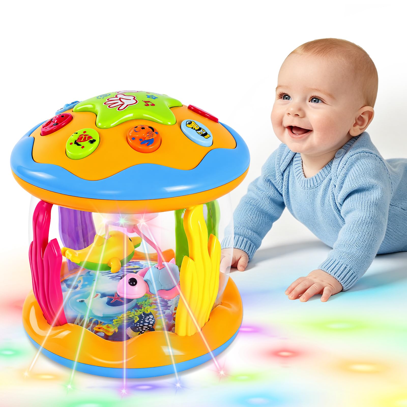 BELEEV Baby Toys 6-18 Months, 360° Ocean Projection Rotating Musical Light Up Toys, Sensory Toys Crawling Learning Tummy Time Toys for 1 Year Boys Girls Birthday Gifts