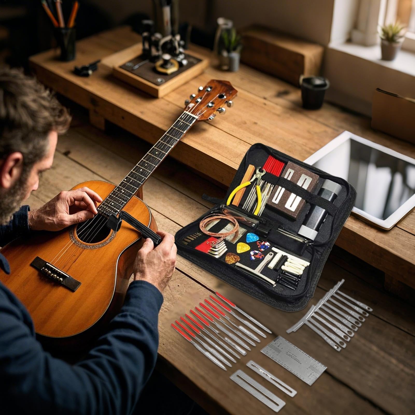 Kit di attrezzi per chitarra elettrica Set Cura Grandi Strumenti Corda, | Avanzato Estrattore Pioli Ponte, Proteggi Tasti Per Chitarre Acustiche Elettriche, Ukulele,