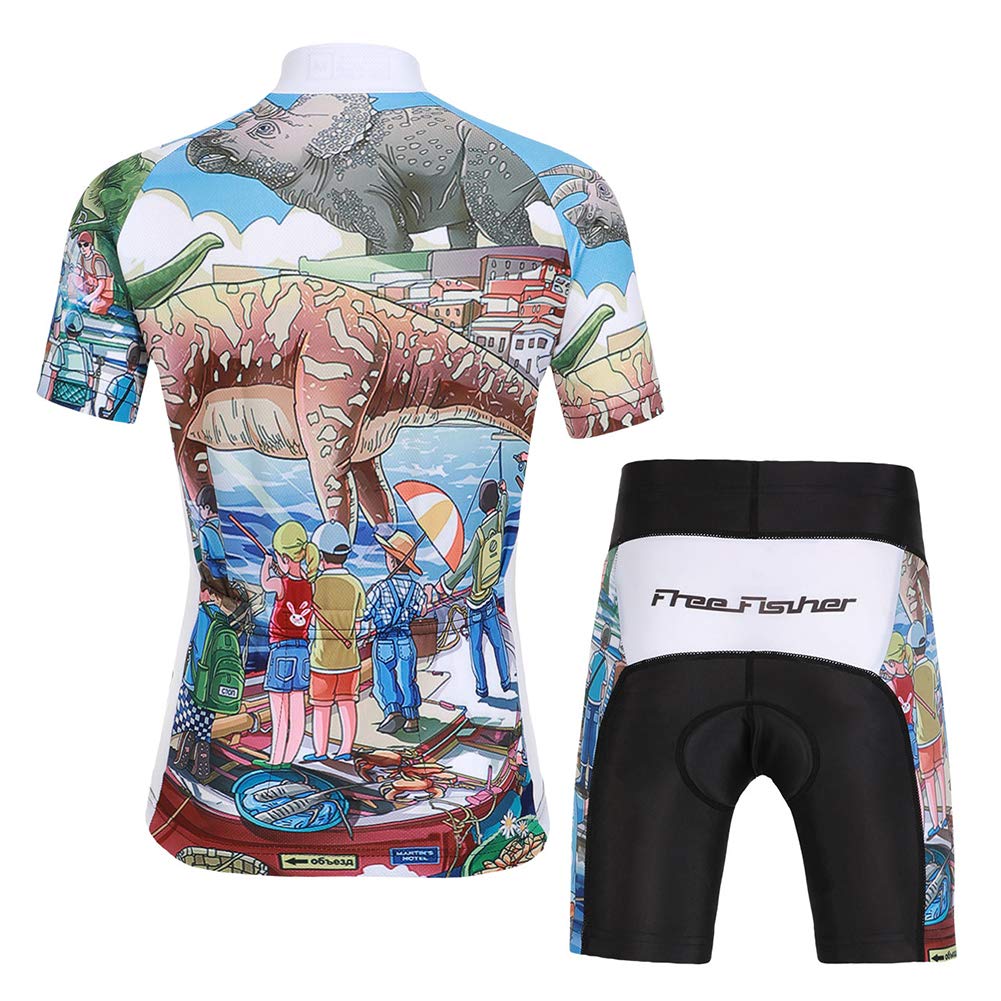 Kinder Jungen Radtrikot Set, Mädchen Radbekleidung Anzüge, Quick Dry Radsportanzug, Fahrradtrikot Kurzarm und 3D Sitzpolster Radhose, Dinosaurier-Paradies, 104/110(Herstellergröße: S)