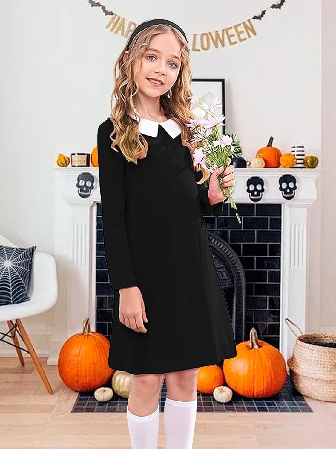 Girls Long Sleeve Dress Casual Vintage Peter Pan Collar Outfit Swing Party Dress Age 5-14 Years - Image 2