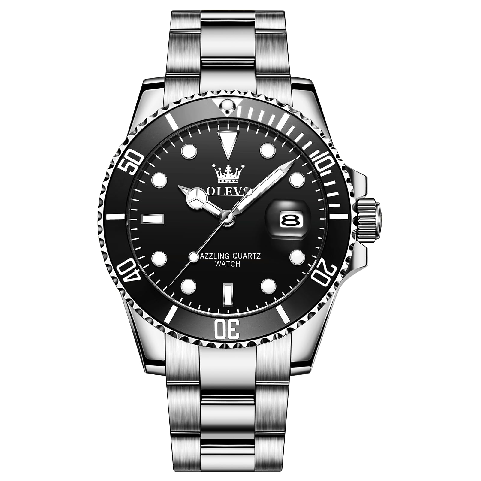 OLEVSMen's Stainless Steel Watch, Big Face Easy to Read Analog Quartz Dress Watches, Classic Rotating Bezel Waterproof Luminous Hands Date Mens Wristwatch