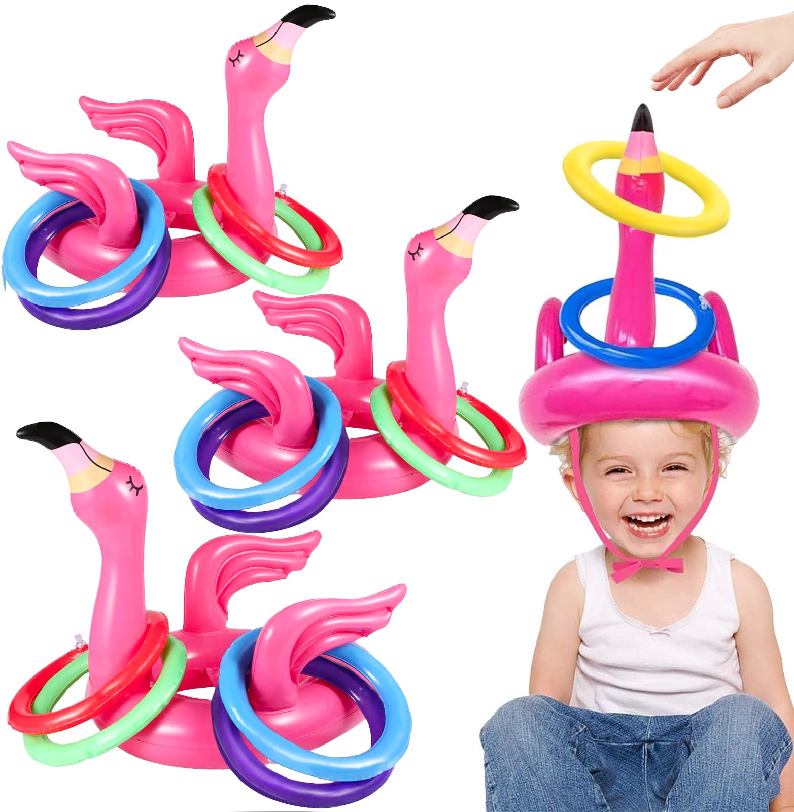 Camlinbo 15 Pcs Inflatable Flamingo Pool Toys Ring Toss Game, colorful