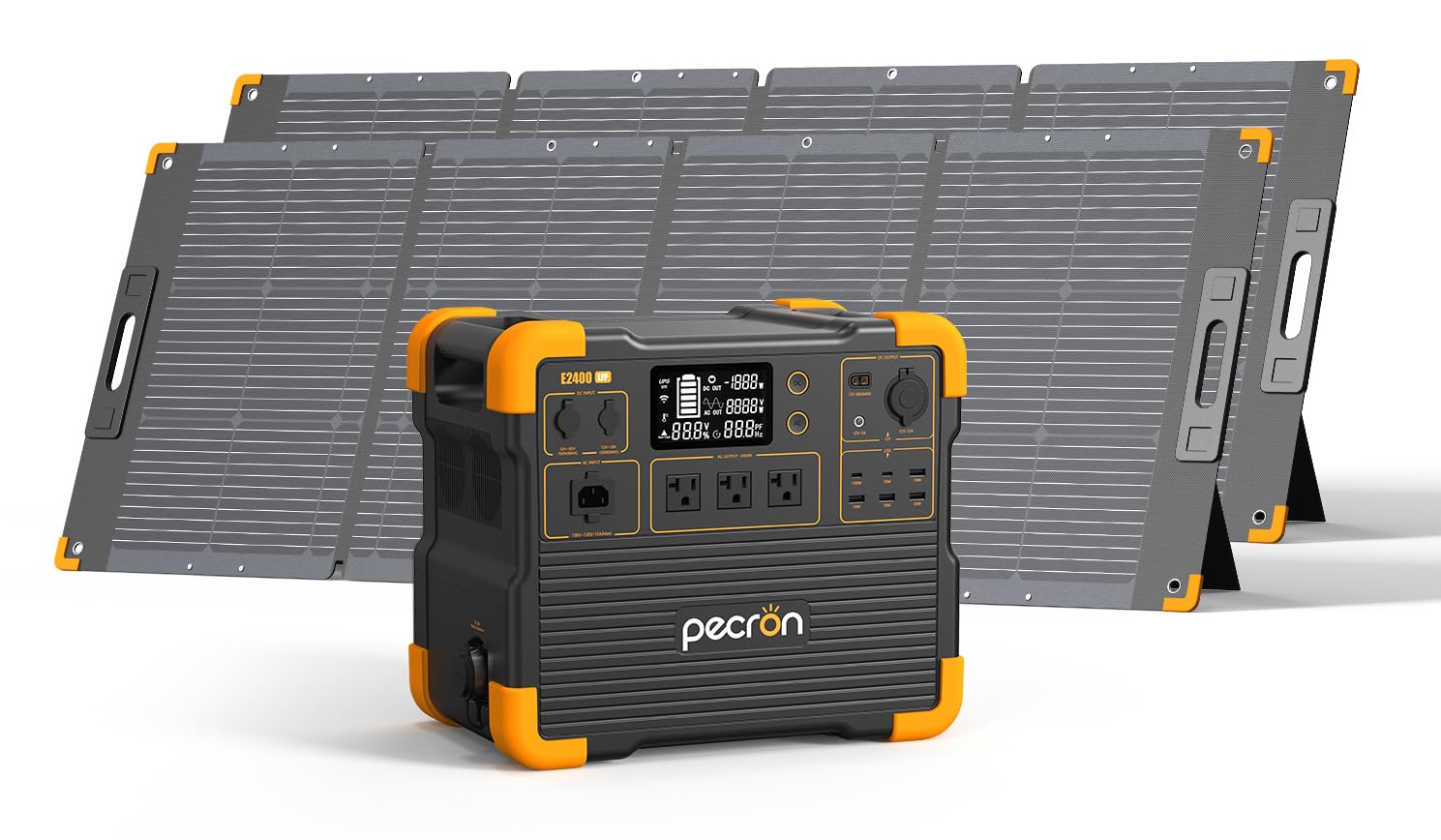 Pecron E2400LFP Portable Solar Generator and 2 300W Foldable Solar Panel 2048Wh LiFePO4 Home Battery Backup 3 AC