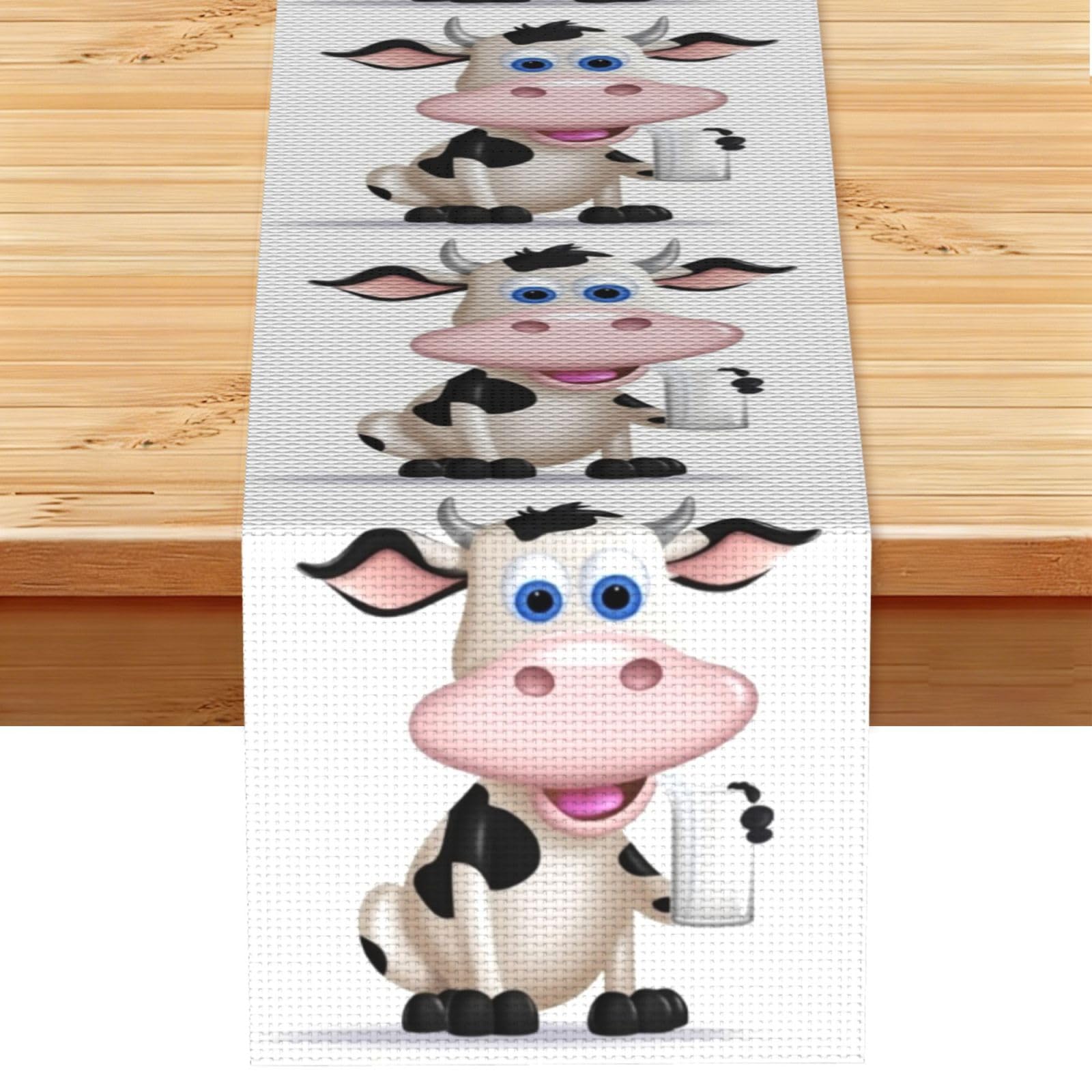 Fodpand Black Rustic Cotton Linen Table Runner, Cartoon Milk Cow Table Runners 13 X 72 Inches, Modern Elegant Farmhouse Tablecloth, Washable Kitchen Dining Table Decoration For Home Party Decor