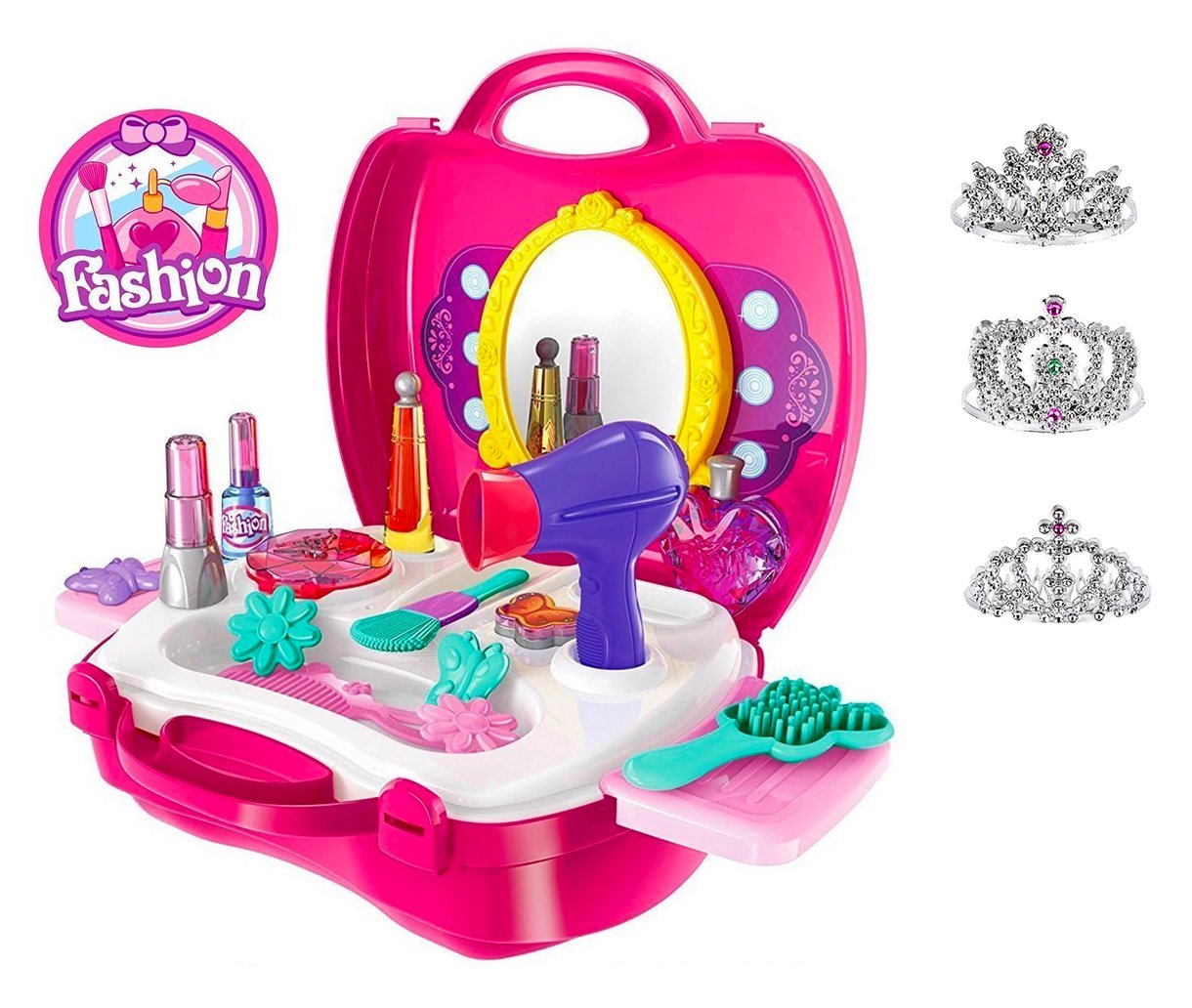 Pretend Play for Girls, 21 Pieces Vanity Set w/ Mirror +3 Free Tiaras, Beauty Hair Salon Kit, Play Makeup Toys for 3 Years Old, No Chemicals, No BPA, Best Christmas and Birthday Gift for Preschoolers