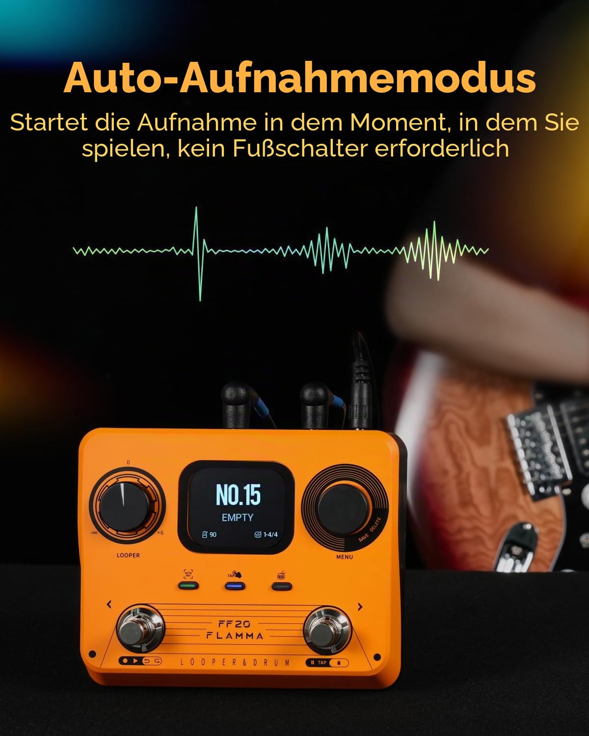 FLAMMA FF20 Looper-Pedal mit integrierter Drum-Maschine – 300 Min Stereo-Aufnahme, 220 Drum-Grooves, 100 Speicherplätze, Time-Stretch, Auto-Record, USB & Kopfhörerausgang – für Gitarre & Bass