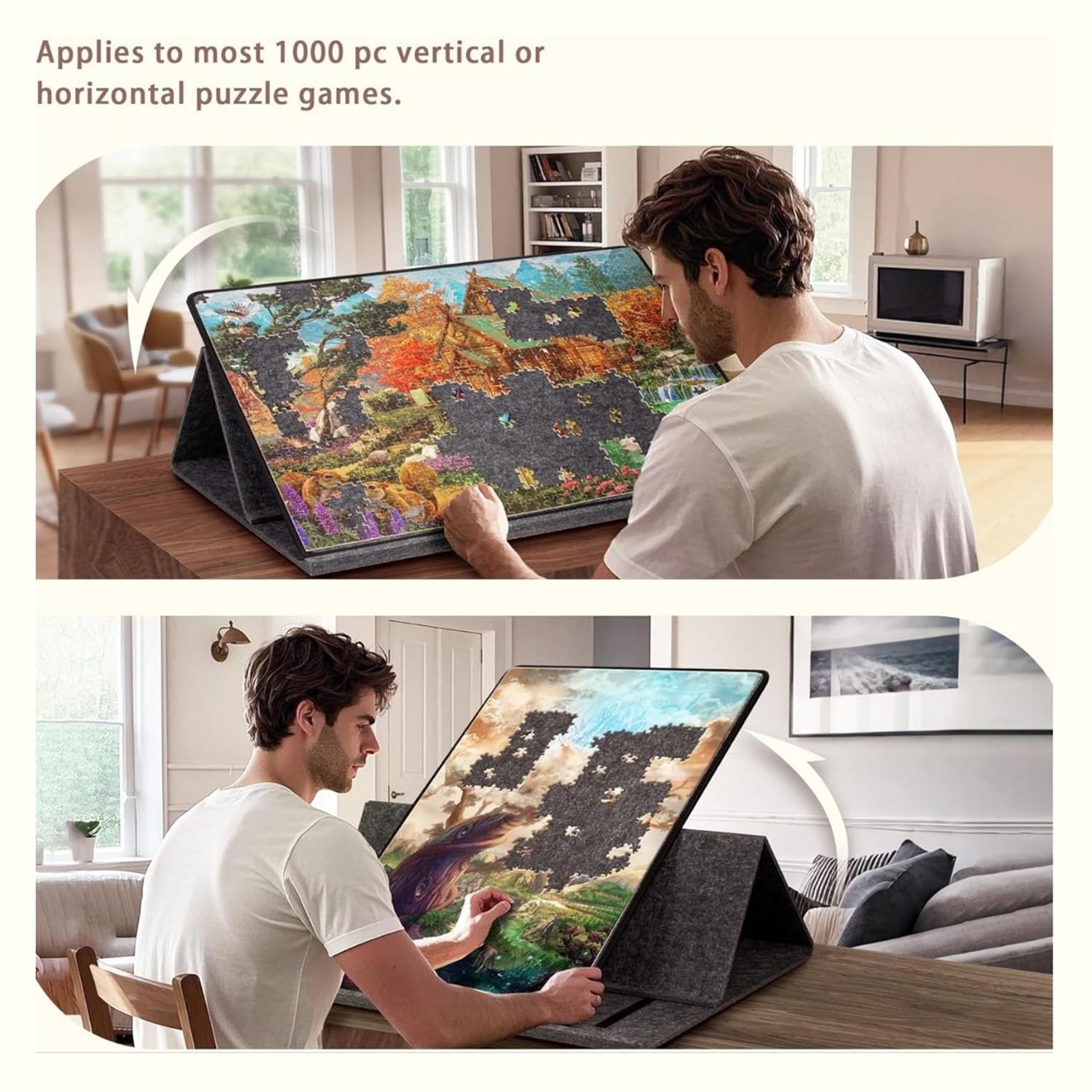 Taca na puzzle 1000 elementów ze stojakiem i pokrywką 2 w 1, taca na puzzle, przenośna mata do puzzli z 6 kolorowymi miseczkami do sortowania, przechowywanie puzzli, antypoślizgowy filc, regulowany