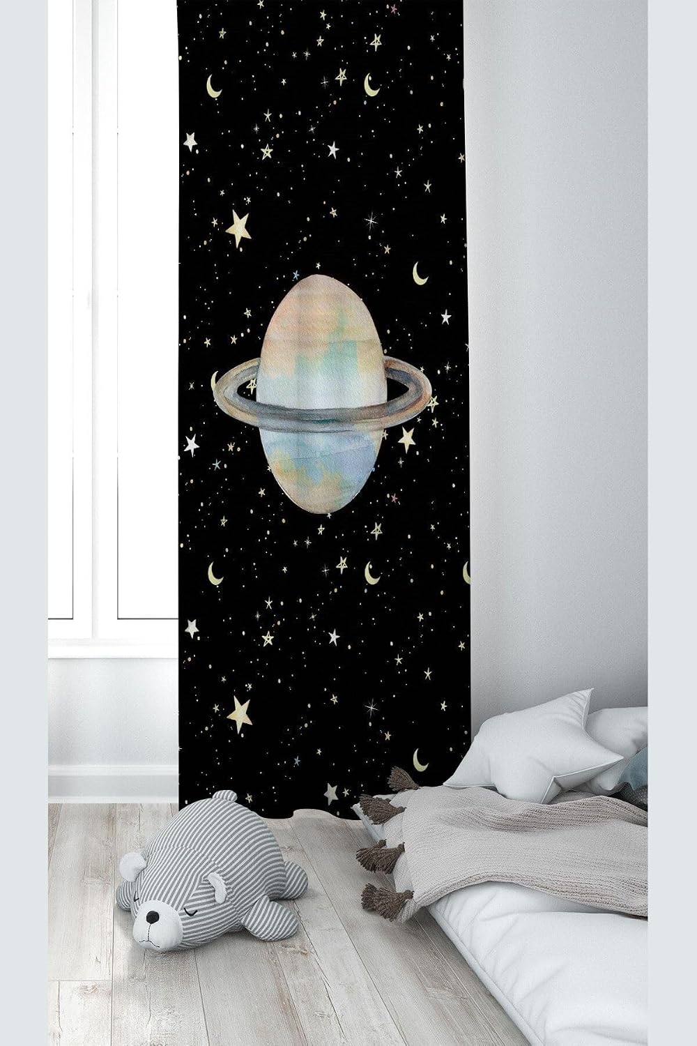 Pelangi Siyah Uzay Desenli Dijital Baskı Yıkanabilir Bebek Çocuk Odası Fon Perdesi, siyah-sarı 140 x 240
