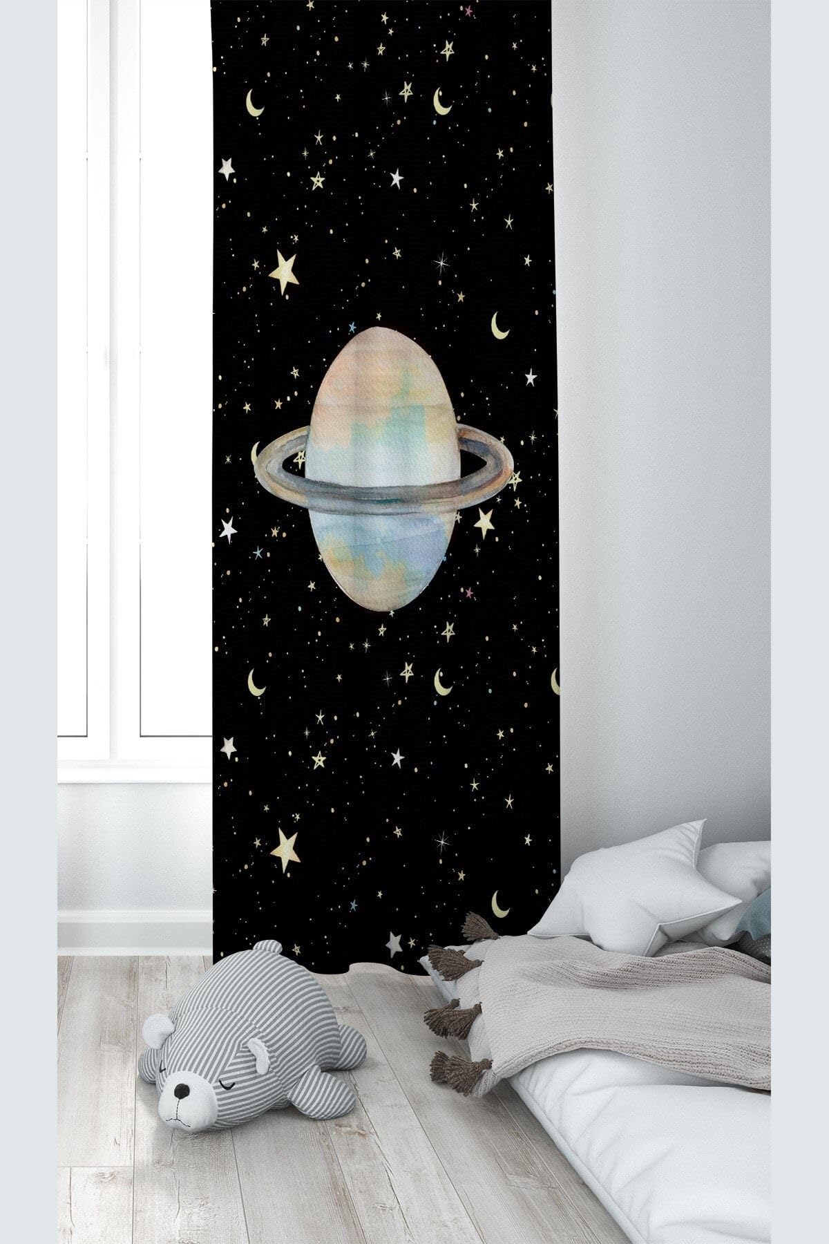 Pelangi Siyah Uzay Desenli Dijital Baskı Yıkanabilir Bebek Çocuk Odası Fon Perdesi, siyah-sarı 140 x 240