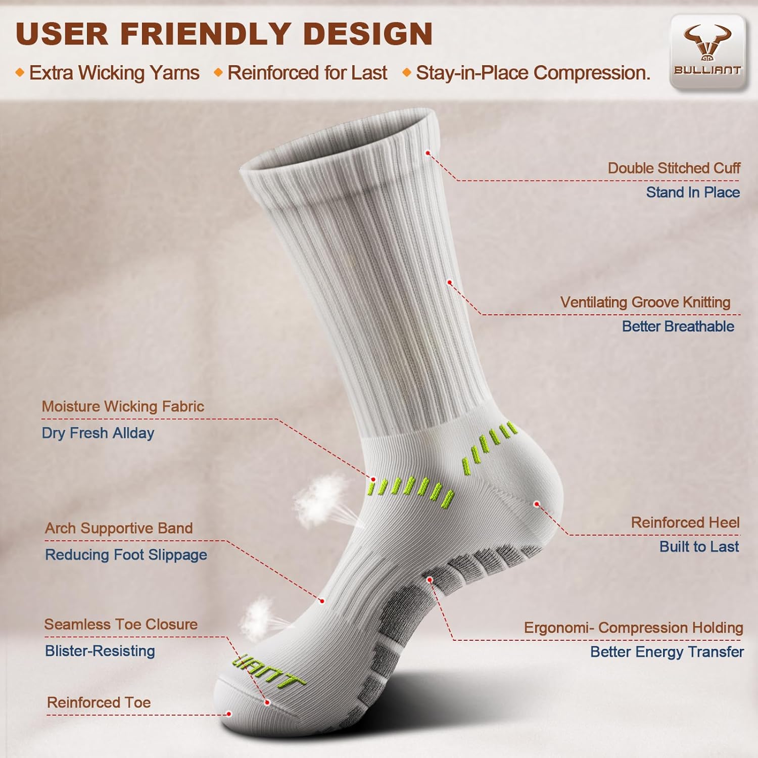 BULLIANT Men Socks, Athletic Compression Crew Socks Cushioned for Men Running Sports Hiking Fishing Arch Support - Image 5