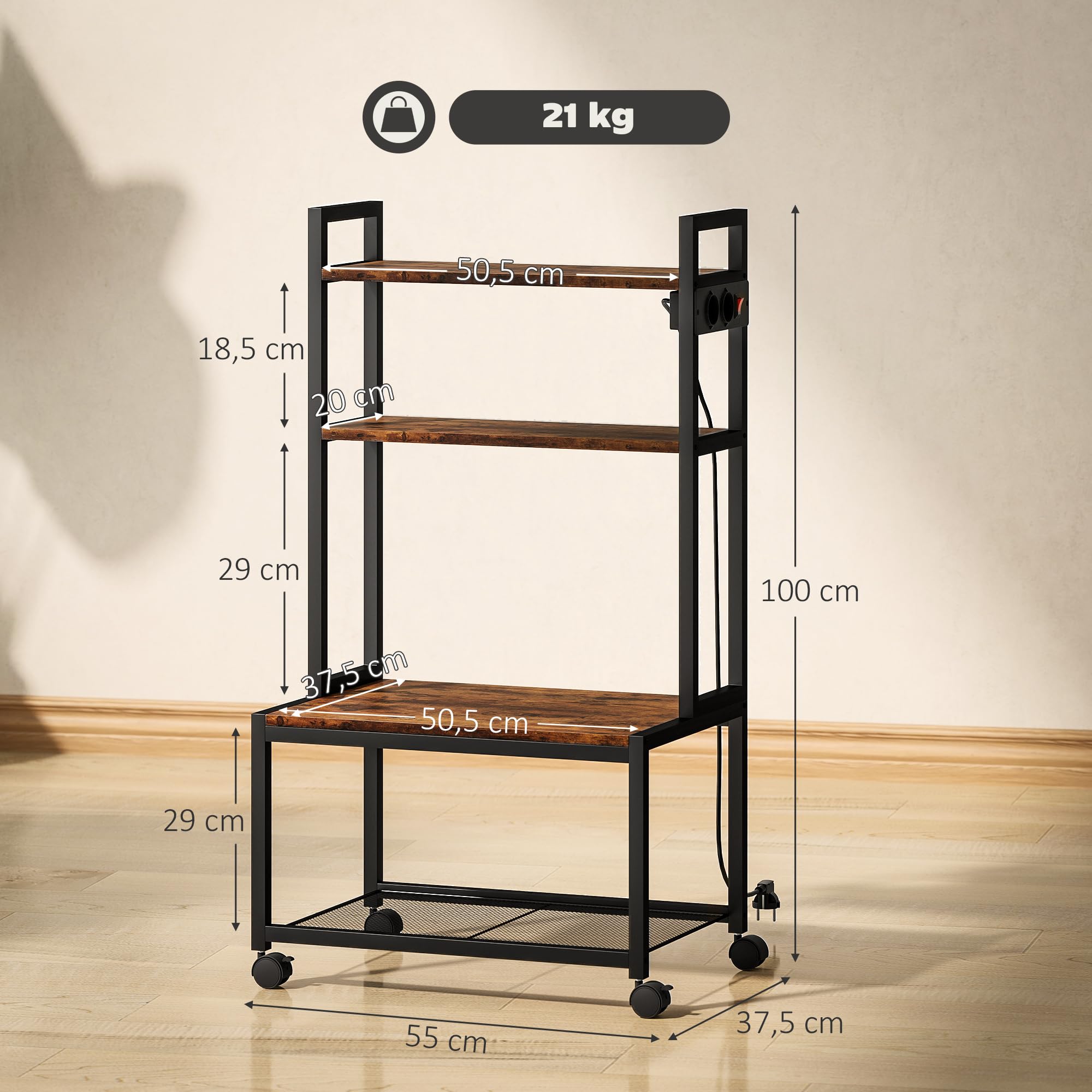 HOMCOM Soporte para Impresora con Estación de Carga Mueble para Impresora de 4 Niveles con Ruedas y Marco Metálico para Oficina Casa Escuela Marrón Rústico