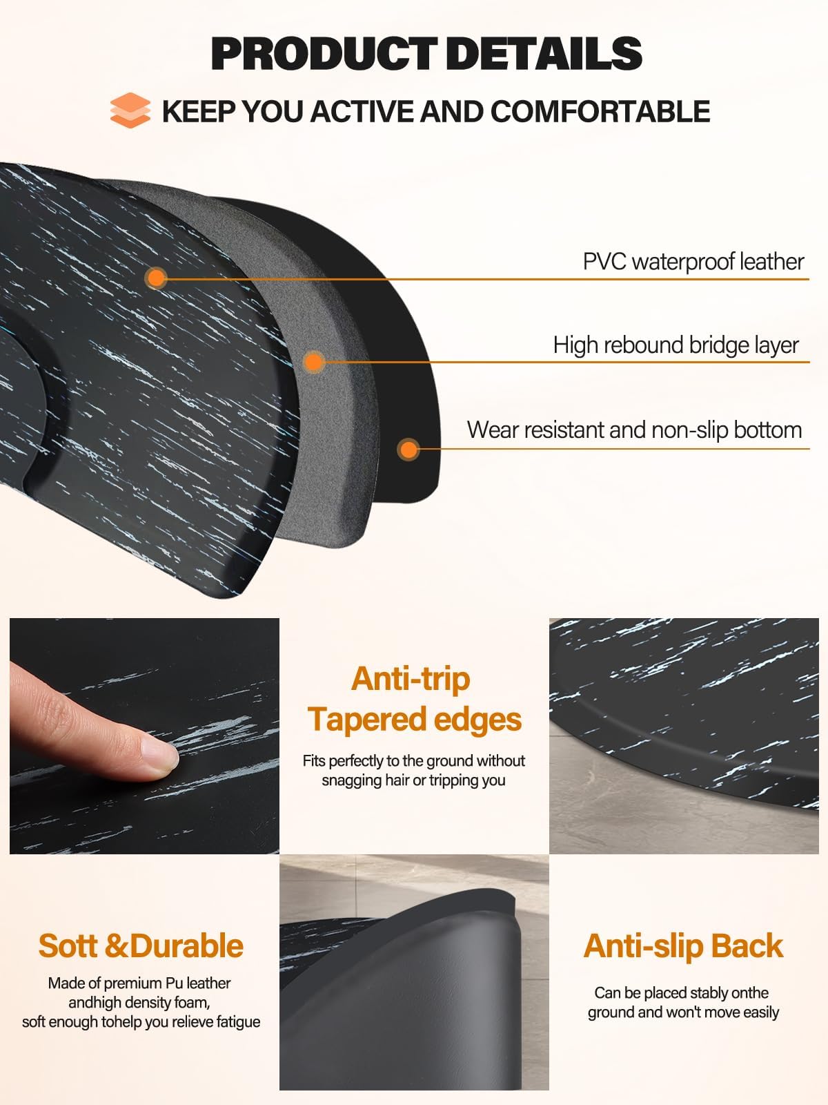 TOROKOM Salonmatte, 3 Fuß x 5 Fuß Anti Ermüdungs Salon Bodenmatte für Runde Stuhlbasis Friseur Schönheits Fußmatten Dicke Halbkreis Büro Komfort Bodenmatte für Salon und Friseurbedarf (Black Marble)