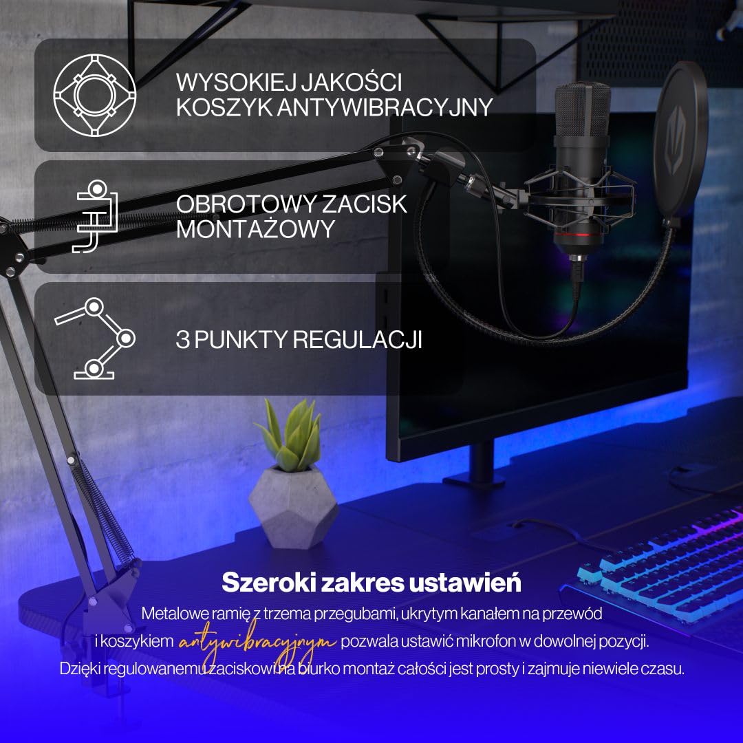 ENDORFY Solum mikrofon pojemnościowy USB do streamingu i podcastów, kardioidalny, ramię studyjne, pop filtr, shock mount, mikrofon gamingowy PC Mac