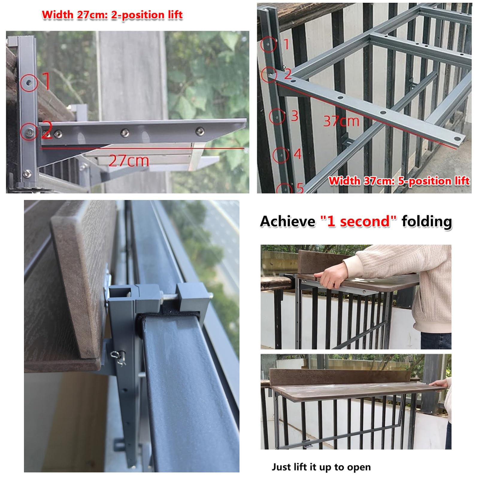 Zewnętrzny stolik balkonowy, wiszący stół, odporny na warunki atmosferyczne, składany, aluminiowy, do balustrad, metalowy stolik pomocniczy, 60 x 27 cm