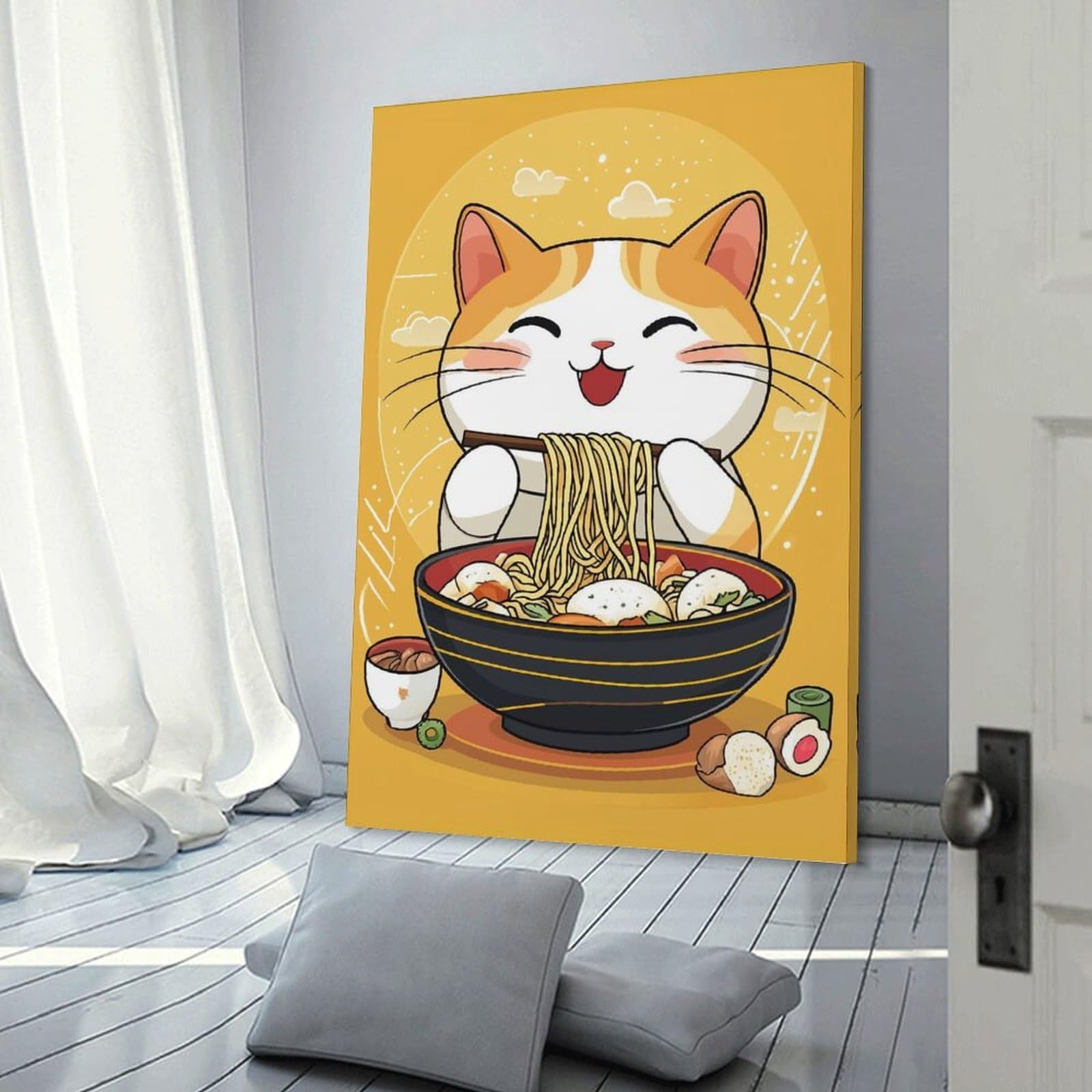 Junmoney Wall Picture Print Cute Cat Eating Ramen, 24x36inch(60x90cm), for Living Room, Lounge Or Sitting Room, Modern Wall Decor for Cosy Interiors