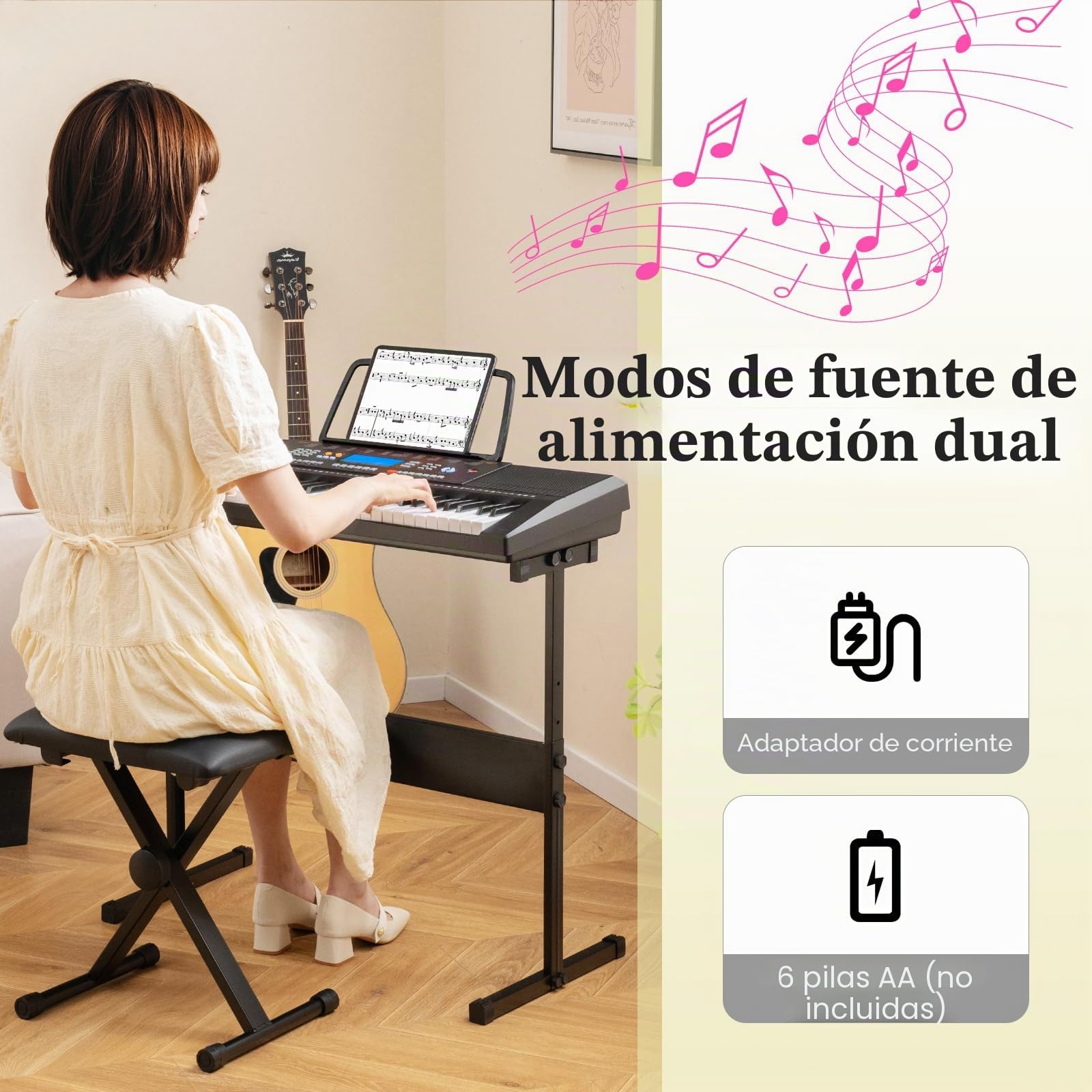 KOMFOTTEU Teclado Electrónico de 61 Teclas, Piano Digital con Soporte y Banco, Piano Electrónico con Micrófono, 300 Timbres y Ritmos, 50 Canciones de Demostración, Auriculares y Atril
