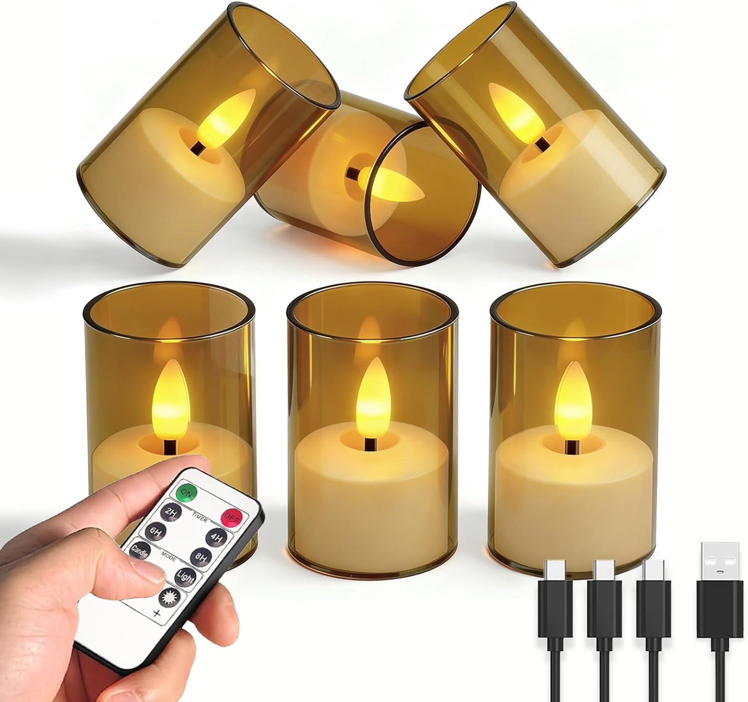 Rechargeable Flameless Tea Light Candles, LED Tea Lights with Remote & 2-8H Timer, 6-Pack, USB-C, Acrylic, Amber, for Home, Wedding Reception, Dinner Party, Bathroom, Living Room & Hotel