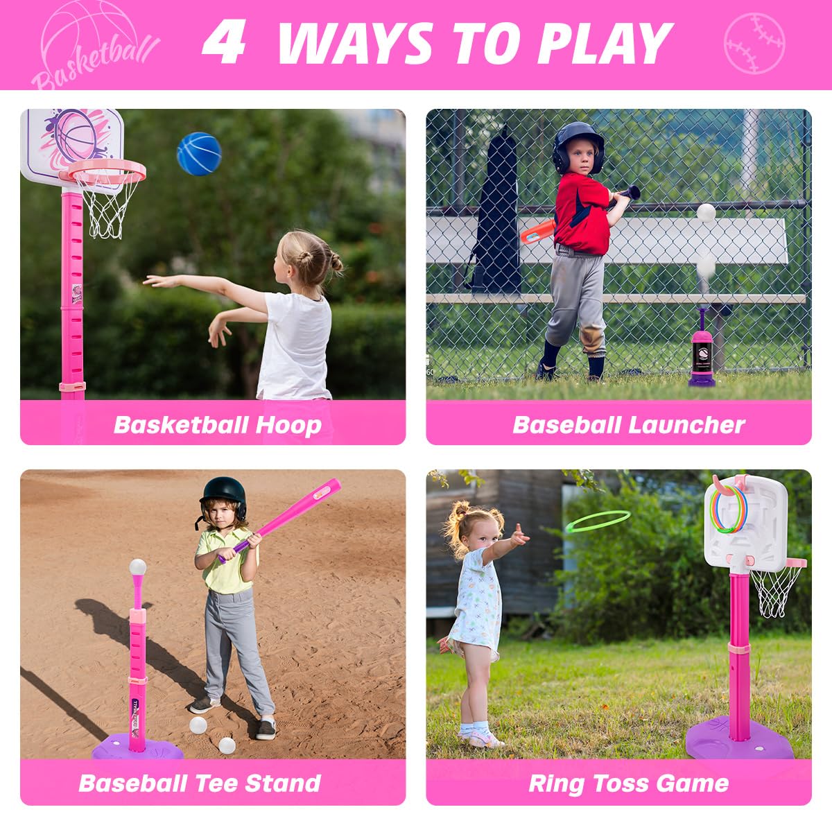 Meland Toddler Basketball Hoop, 4-in-1 Kids Basketball Hoop with Toddler Tball Set Birthday Gift Toys for Girls 3+ (Pink)