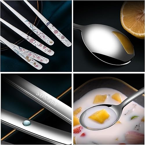 Miniatura 3 de Juego de cuchara y palillos coreanos de mango largo, acero inoxidable 188, multicolor grabado láser, palillos y cuchara, juego de palillos y