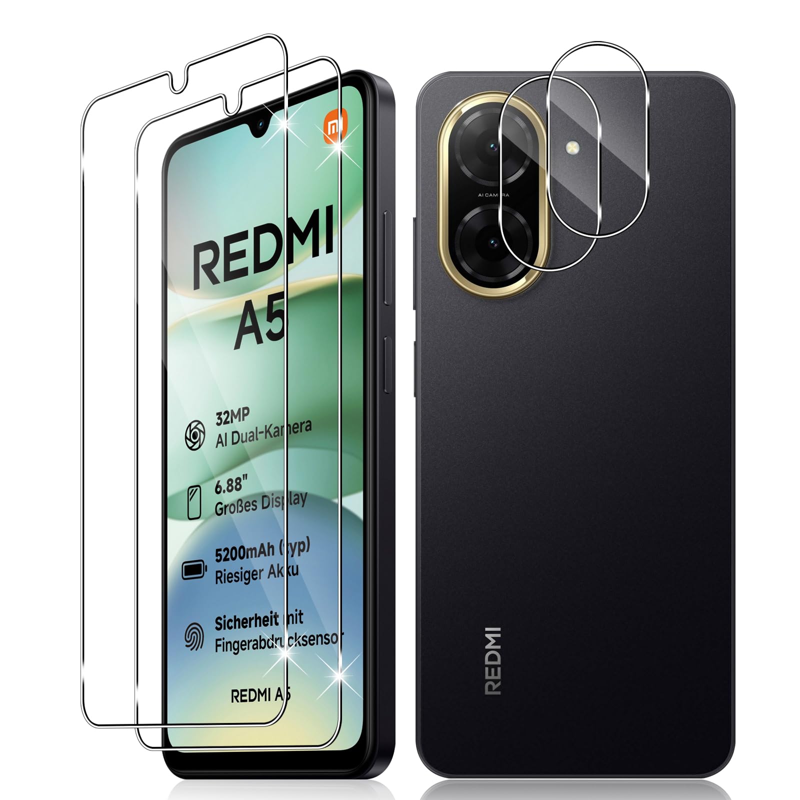 Vanrain Schutzfolie für Panzerglas für Xiaomi Redmi A5 4G/POCO C71, 2+2 Stück Panzer Schutz Glas und Kameraschutz, 9H Härte Schutzglas HD Klar Anti-Kratze Bläschenfrei