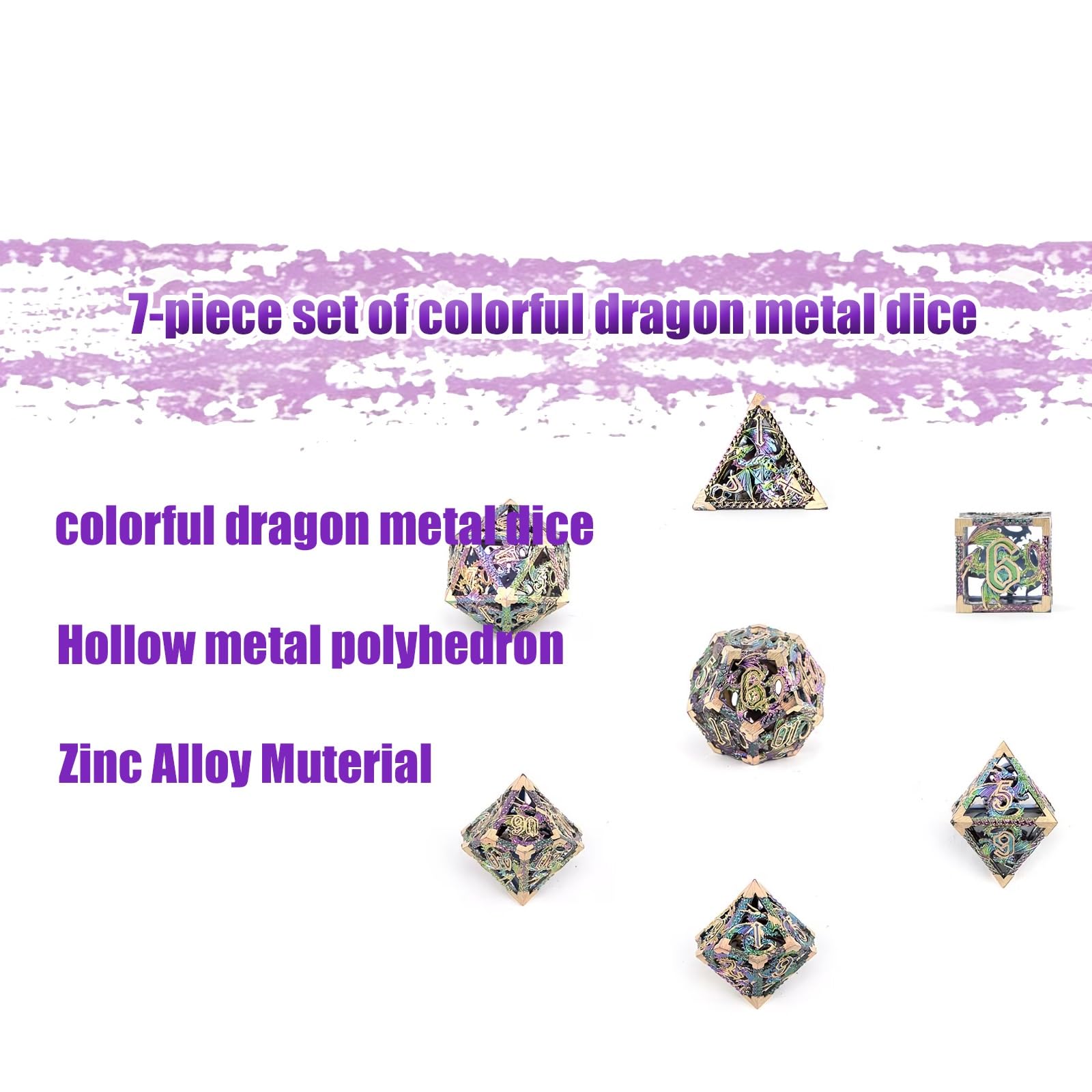 Ensemble de 7 Dés en Métal Colorés en Forme de Dragon, Polyèdres Creux, Compatibles avec Les Jeux de Rôle, Les Jeux de Plateau et Les Jeux de Cartes
