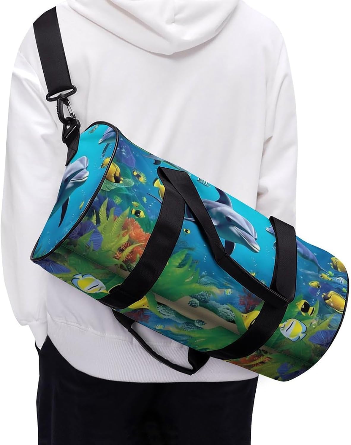 Dolphin Shark and Fish Under Blue Sea Print Gym Sport Bag Travel Duffel Bags Weekender Carry on Tote Bags for Women Men