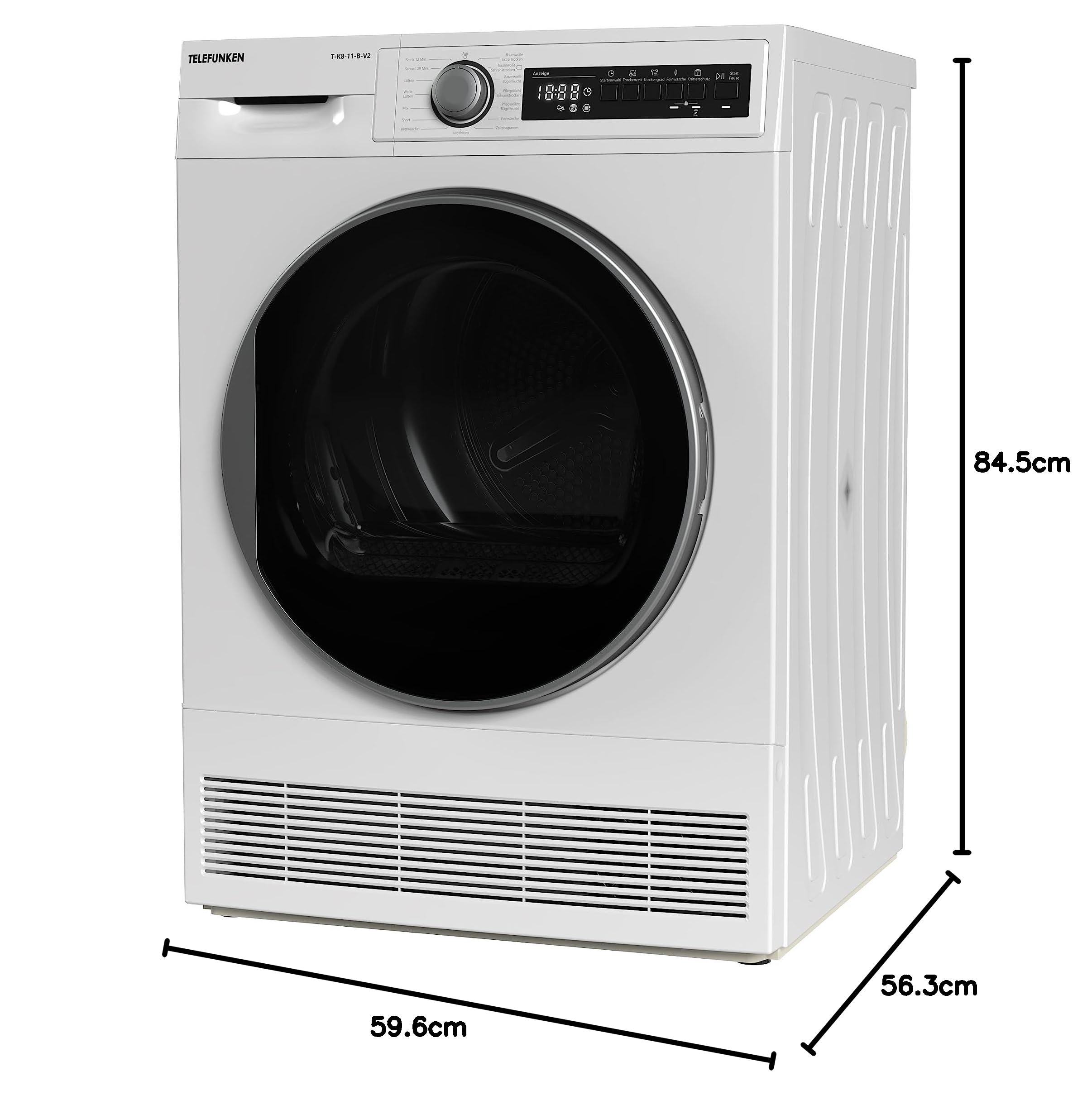 Telefunken T-K8-11-B-V2 Trockner, 8kg Kondenstrockner mit 15 Programmen, Knitterschutz & Trommelreversierung, weiß