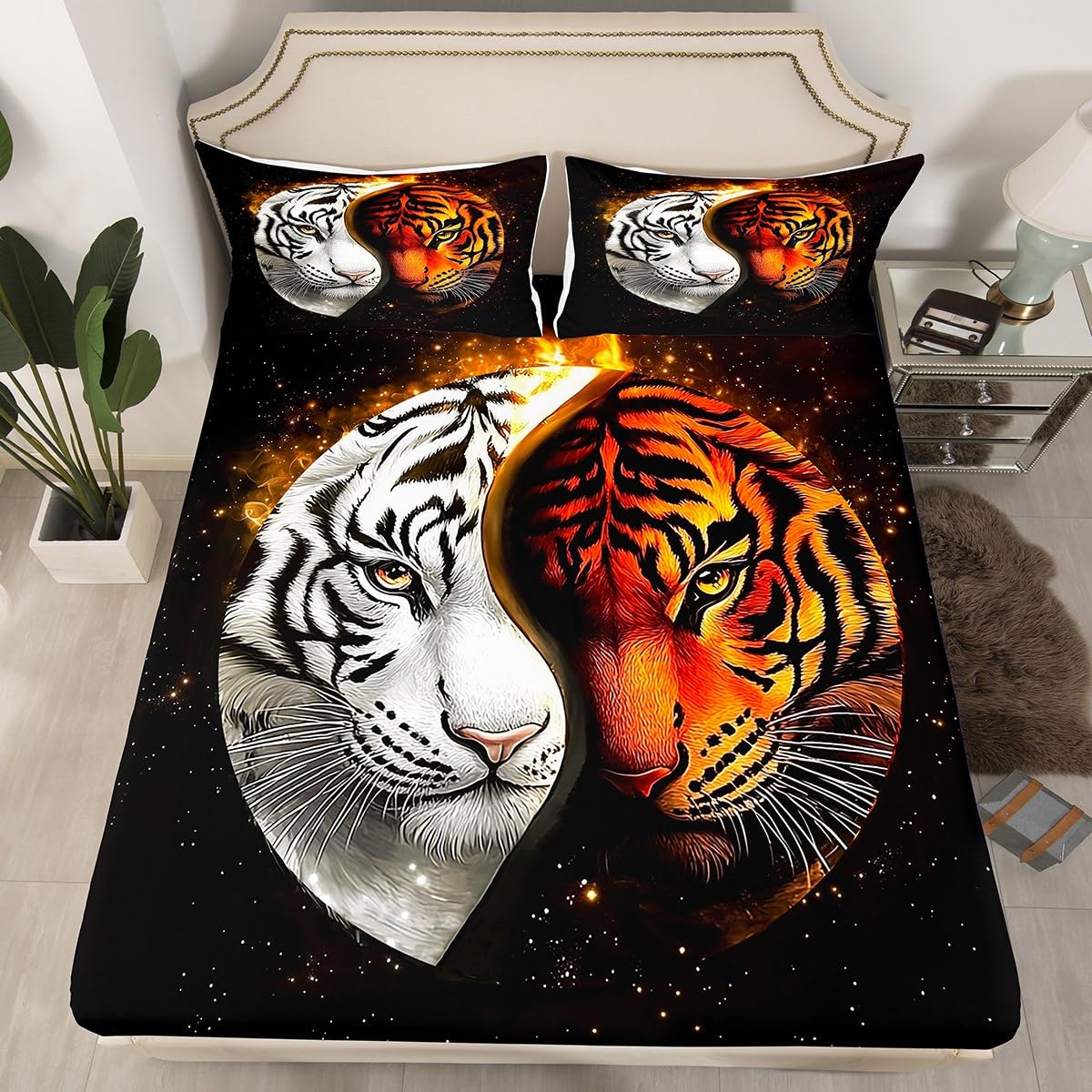 Tiger Tai Chi Fitted Sheet,Wild Jungle Cool Animals Decor Bedding Set for Kids Teens Adults,Chinese Style Pattern Competition Theme Bed Sheet with 2 Pillowcases(No Top Sheet),Queen Size 3 Pcs