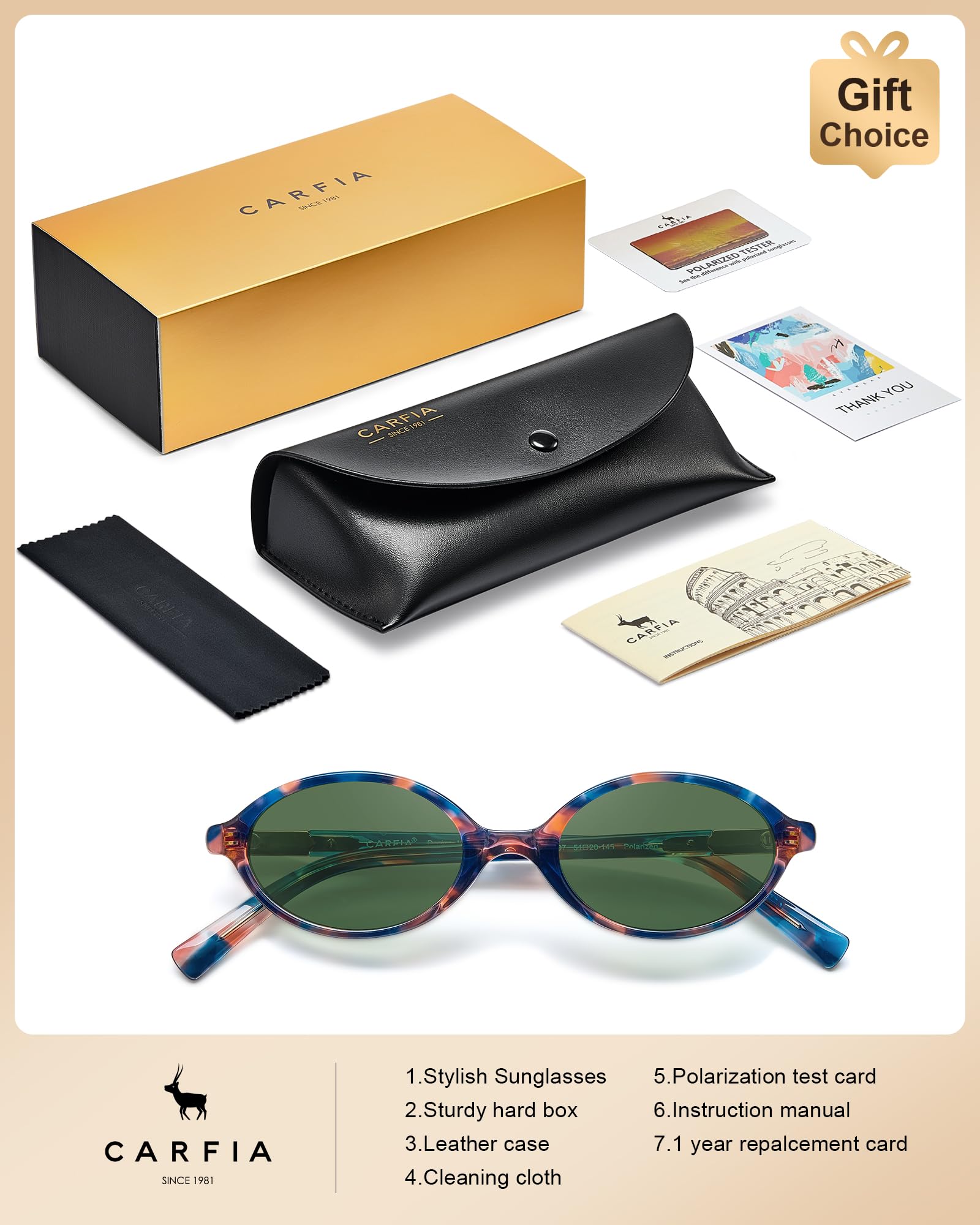 CARFIA Damen Sonnenbrille Polarisierten 99.99% UV-Schutz Gläsern Schmaler Acetat Rahmen Trendige Ovale Sonnenbrille CA6602