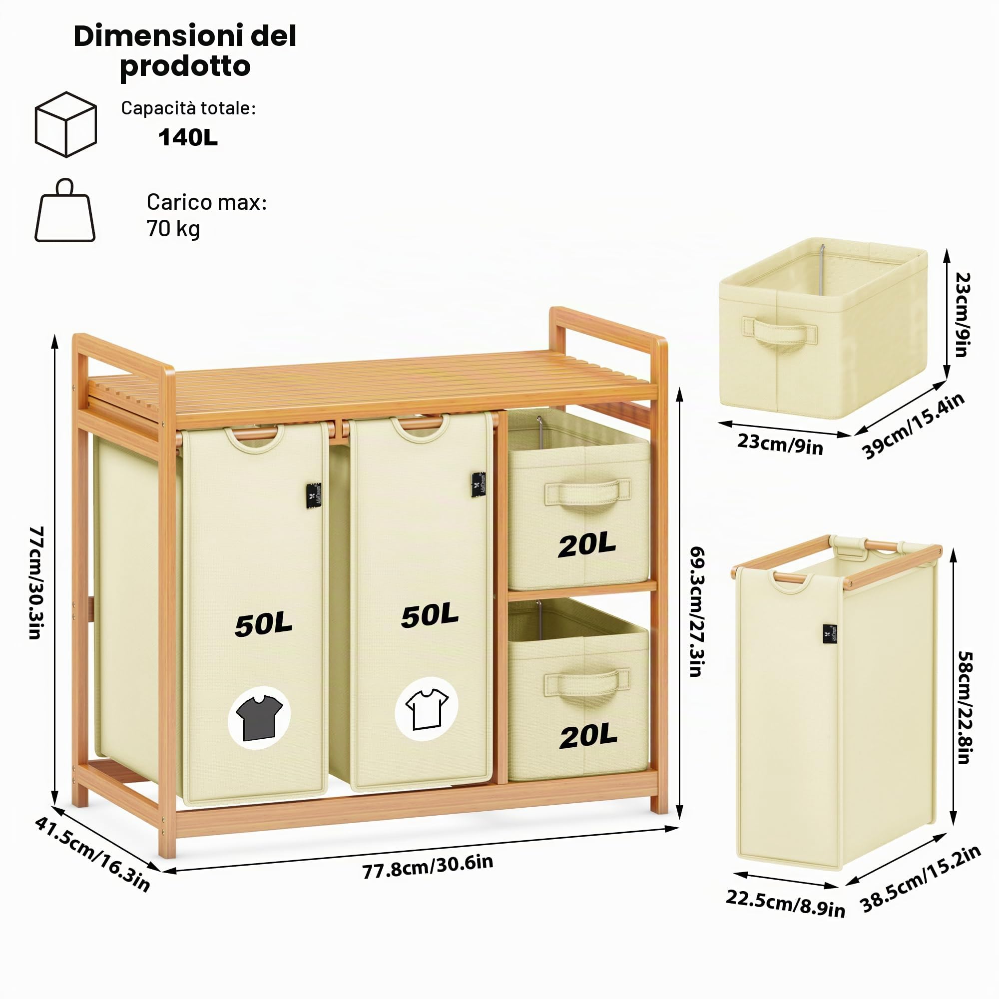 AdelDream B0FCXLP1 - Cesto portabiancheria a 4 scomparti, 140 l, con cestino, con 2 sacchetti per la biancheria e 2 scatole di stoffa con ripiano, in bambù, per la biancheria, colore: Beige