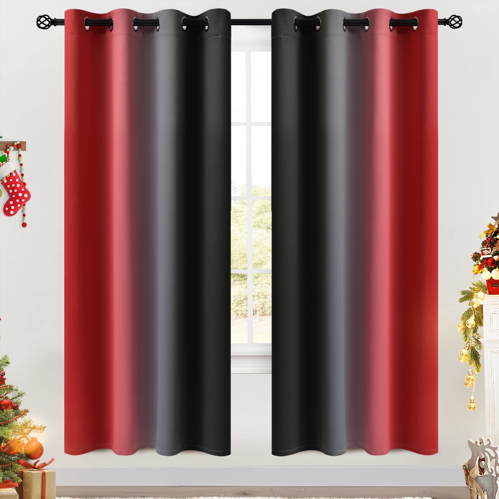 COSVIYA Grommet Ombre Room Darkening Curtains 72 inches Length for Kids Bedroom,Polyester Light Blocking Red and Black Gradient Window Drapes/Curtains for Living Room,2 Panels, 52x72 inches — image 1