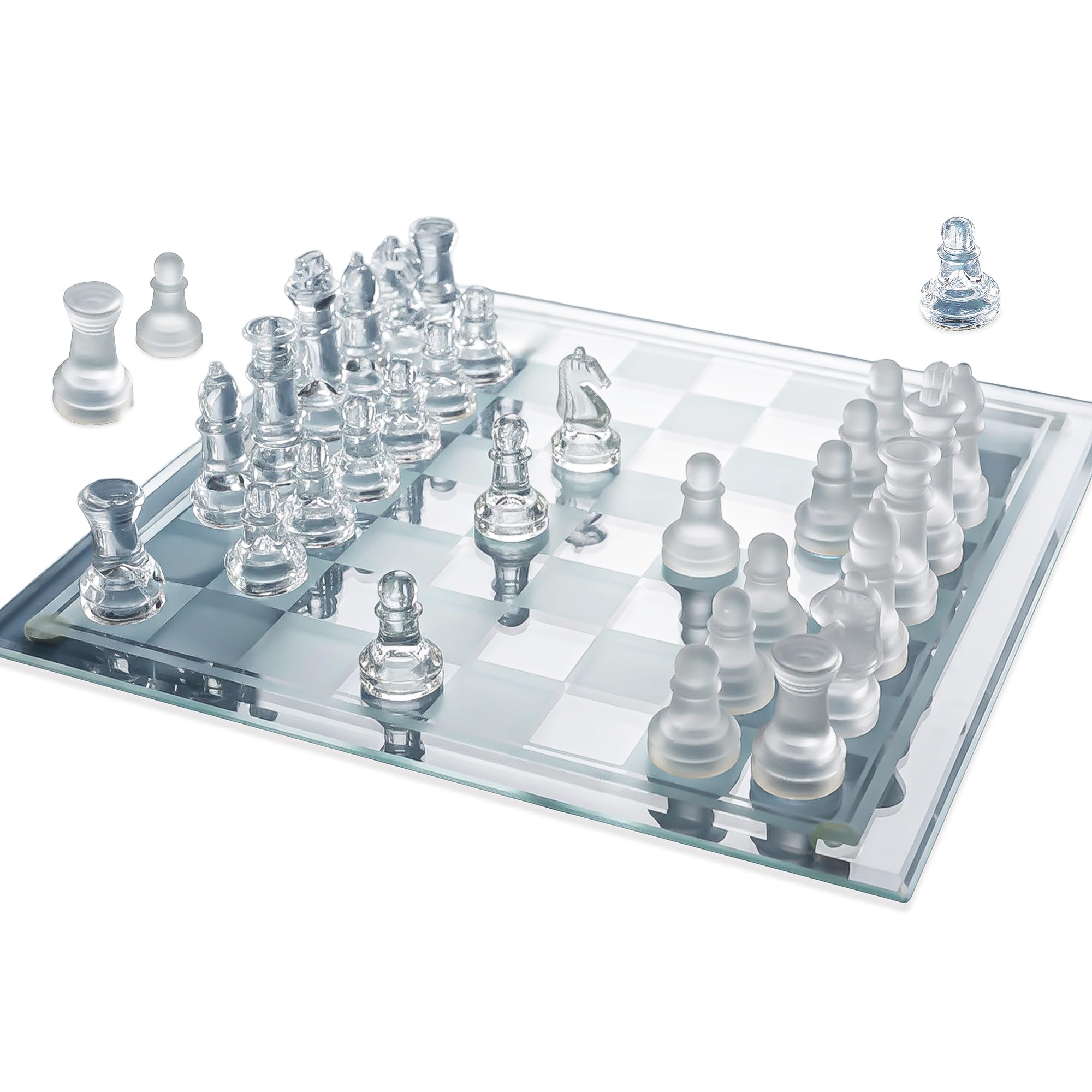 Gamie Premium Glass Chess Set, 12 Inch - Elegant Design - Durable Build - 32 Frosted and Clear Pieces - Felted Bottoms - Easy to Carry - Stable & Fully Functional for Chess Lovers
