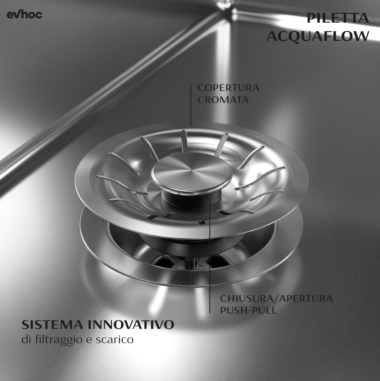 EVHOC Lavello Cucina Sopratop 86x50 cm 2 Vasche, Acciaio Inox, AURA S | Lavandino in Acciaio Inox con Finitura Satinata, Made in Italy, Piletta e Sifoni Inclusi