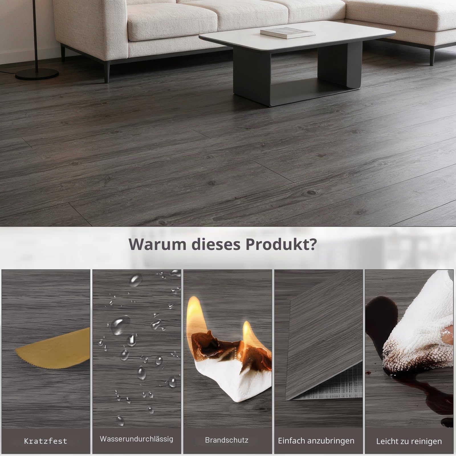 5.02m²/ Vinylboden Selbstklebend, 36 Stück PVC Bodenbelag Selbstklebend mit Holzoptik, Wasserfest Klebefliesen Boden für Küche Wohnzimmer Bodenbelag - 15,24 cm x 91,44 cm - Dicke 2 mm(Anthrazit)