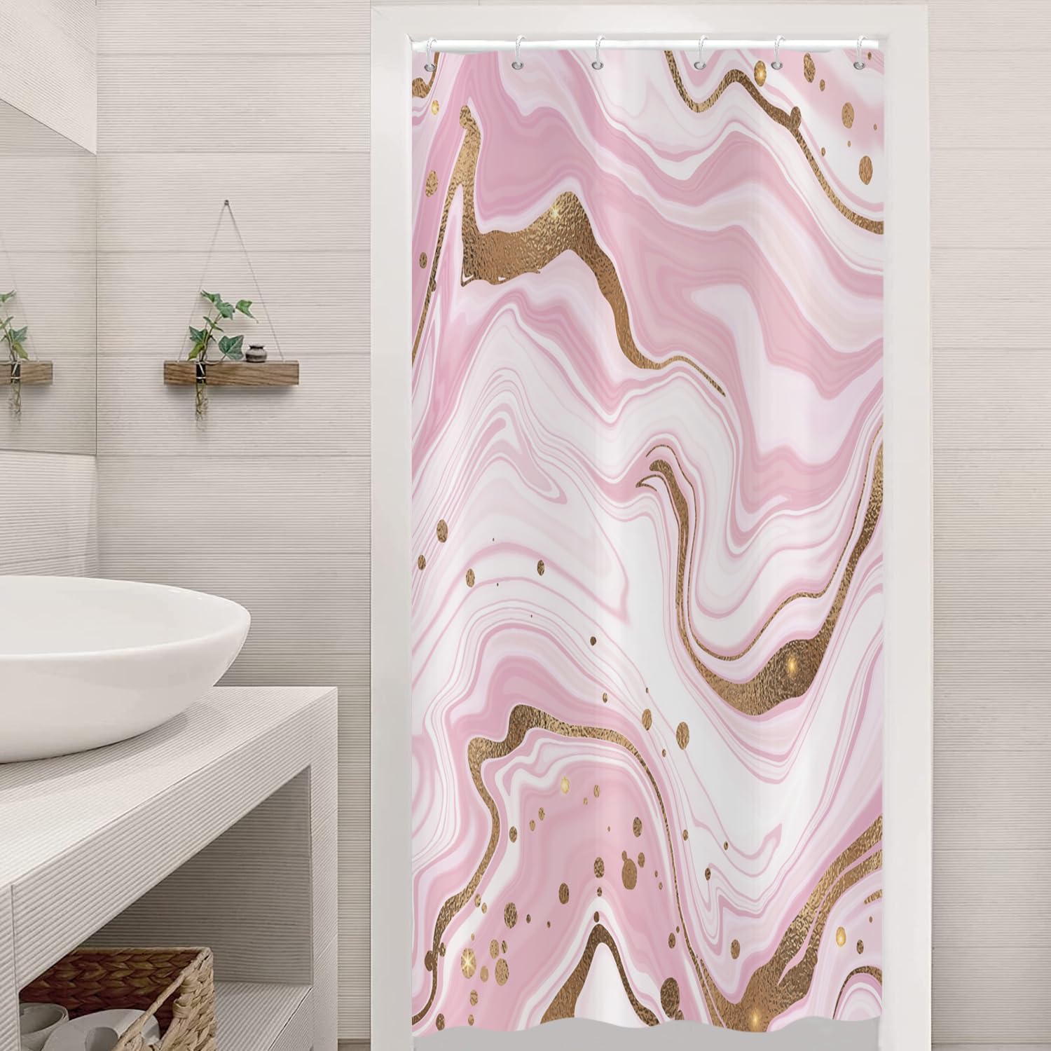 ASDCXZ Shower Curtain Marble 90x180 cm, Modern Abstract Pink Gold Marble Optic Texture Washable Fabric Bath Shower Curtains Polyester Textile Waterproof Shower Curtain for Bathtub with 6 Hooks
