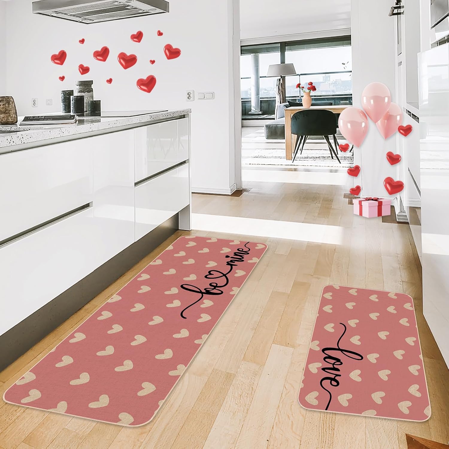 JarThenaAMCS 2 Pcs Pink Love Heart Valentine's Day Kitchen Mat White Heart Kitchen Rug Non Slip Rectangle Doormat Floor Mat for Home Entrance Porch Decoration,17 x 29 and 17 x 47 Inch