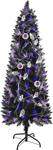 Miniatura 1 de XmasExp Árbol de Navidad negro de Halloween, árbol de Navidad artificial de 5 pies con luces LED moradas, 8 modos de iluminación, tela de araña,
