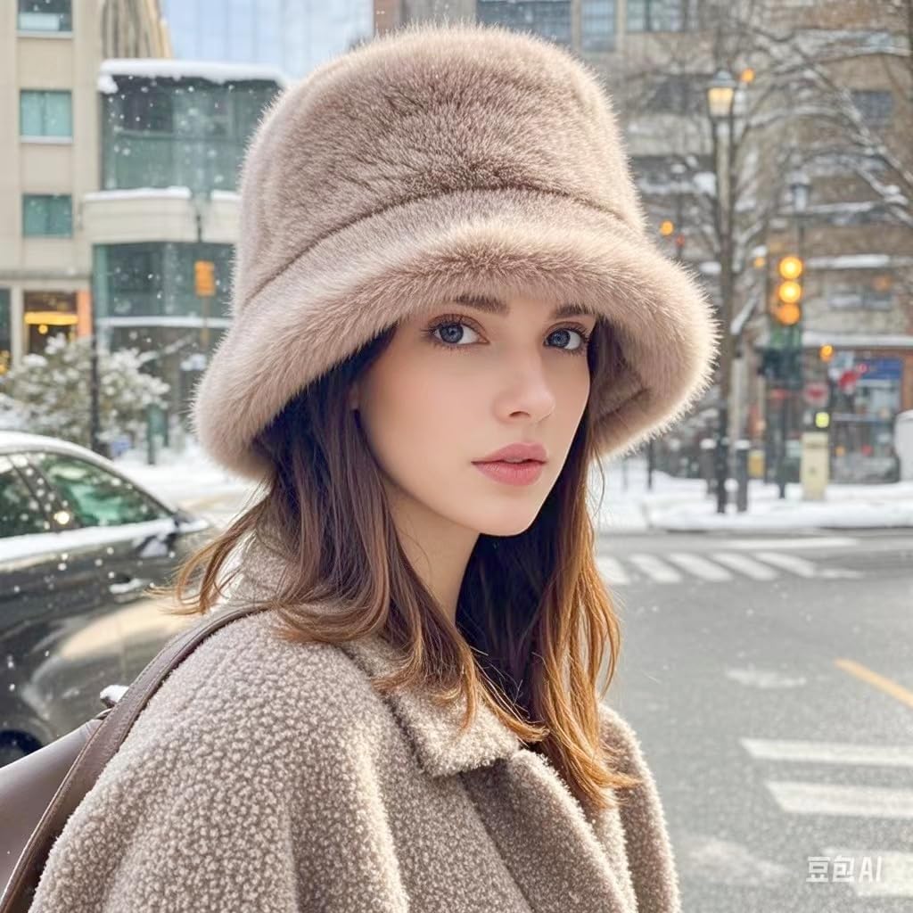 Womens Winter Faux Fur Fuzzy Bucket Hat Fluffy Warm Hat Furry Fisherman Cap
