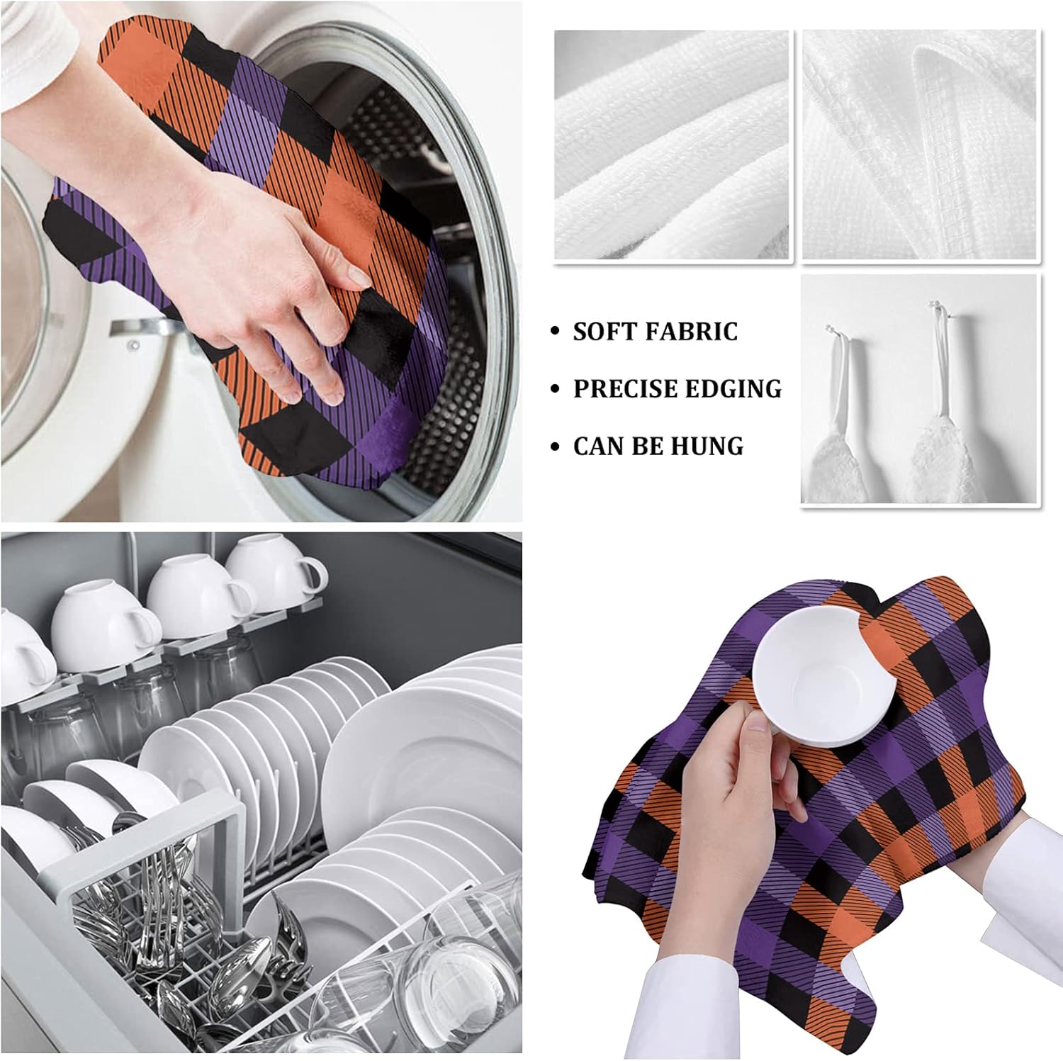 Smile Sunflower Kitchen Towels Microfiber Cleaning Cloths, Halloween Purple Orange Lattice Soft Dish Towels for Kitchen, Pack of 2 Absorbent Reusable Dish Towels,Tea Towels,Bar Towels,18x28 Inch