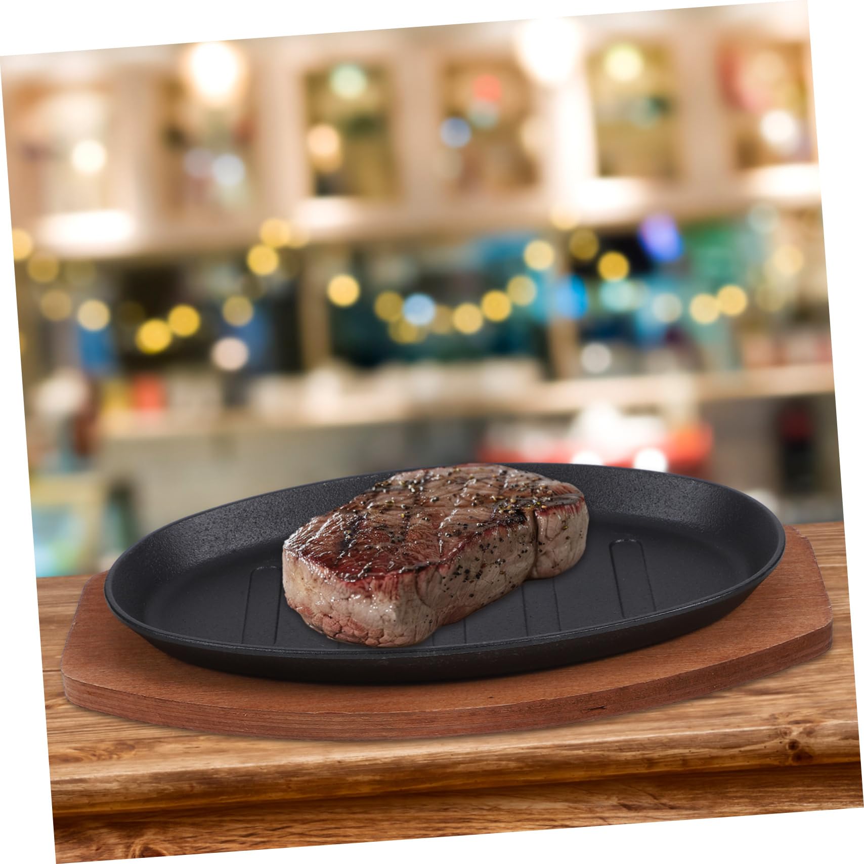 LABRIMP Plato de Hierro Fundido para Asador con Base de Madera, Superficie Lisa y Elaboración Fina, Adecuado para Restaurante y Pescado Parrilla