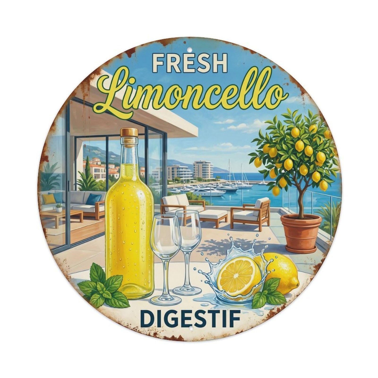 Fqcyn Style Fresh Limoncello Spirit 1 Metal Tin Sign Plaque Wall Decor For Cafe, Club Bar, Office, Home Garden Round Metal Poster 8X8inch