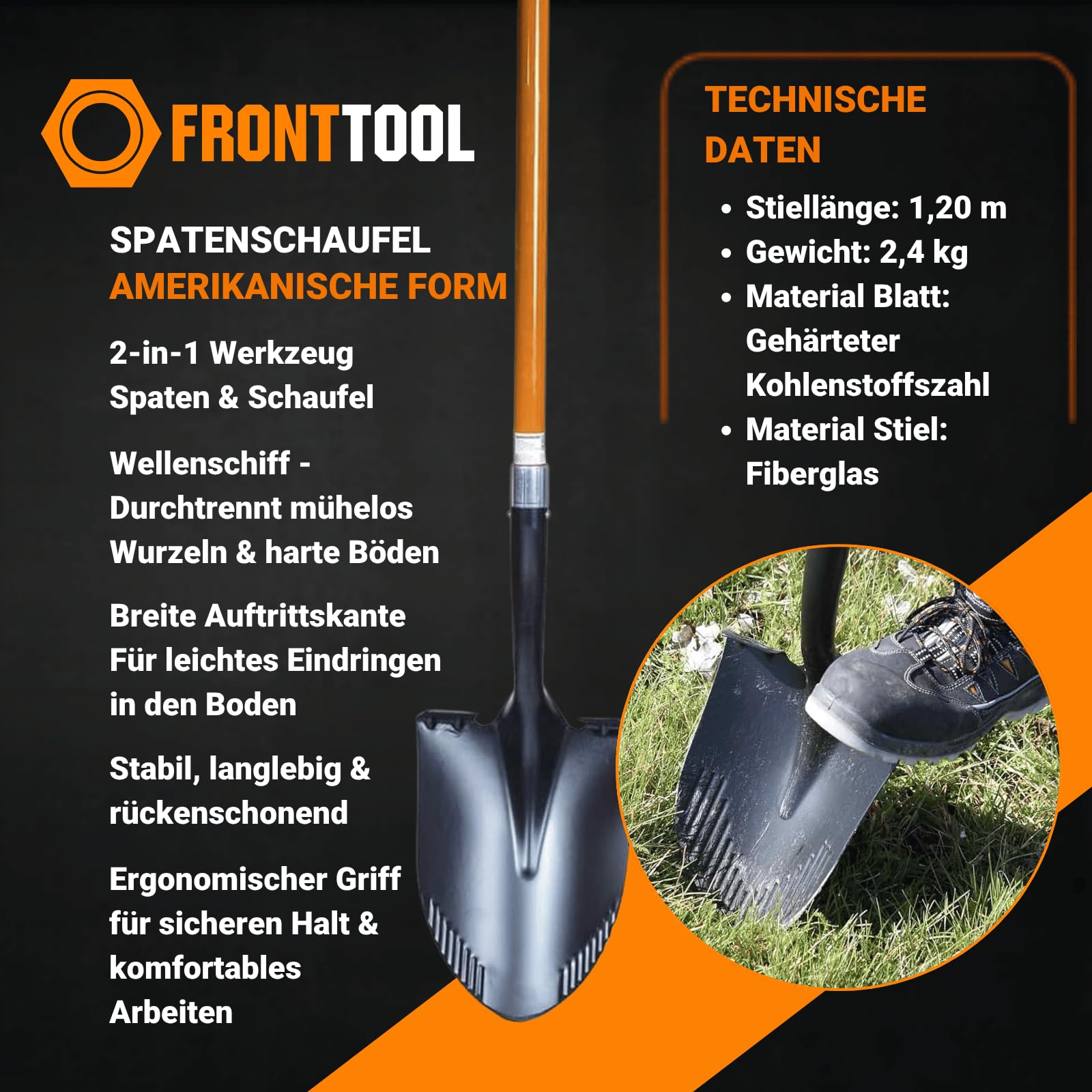 FRONTTOOL Spatenschaufel 2in1 Amerikanische Form | Gartenspaten | Profi Garten- & Bauwerkzeug aus Kohlenstoffstahl mit Fiberglasstiel