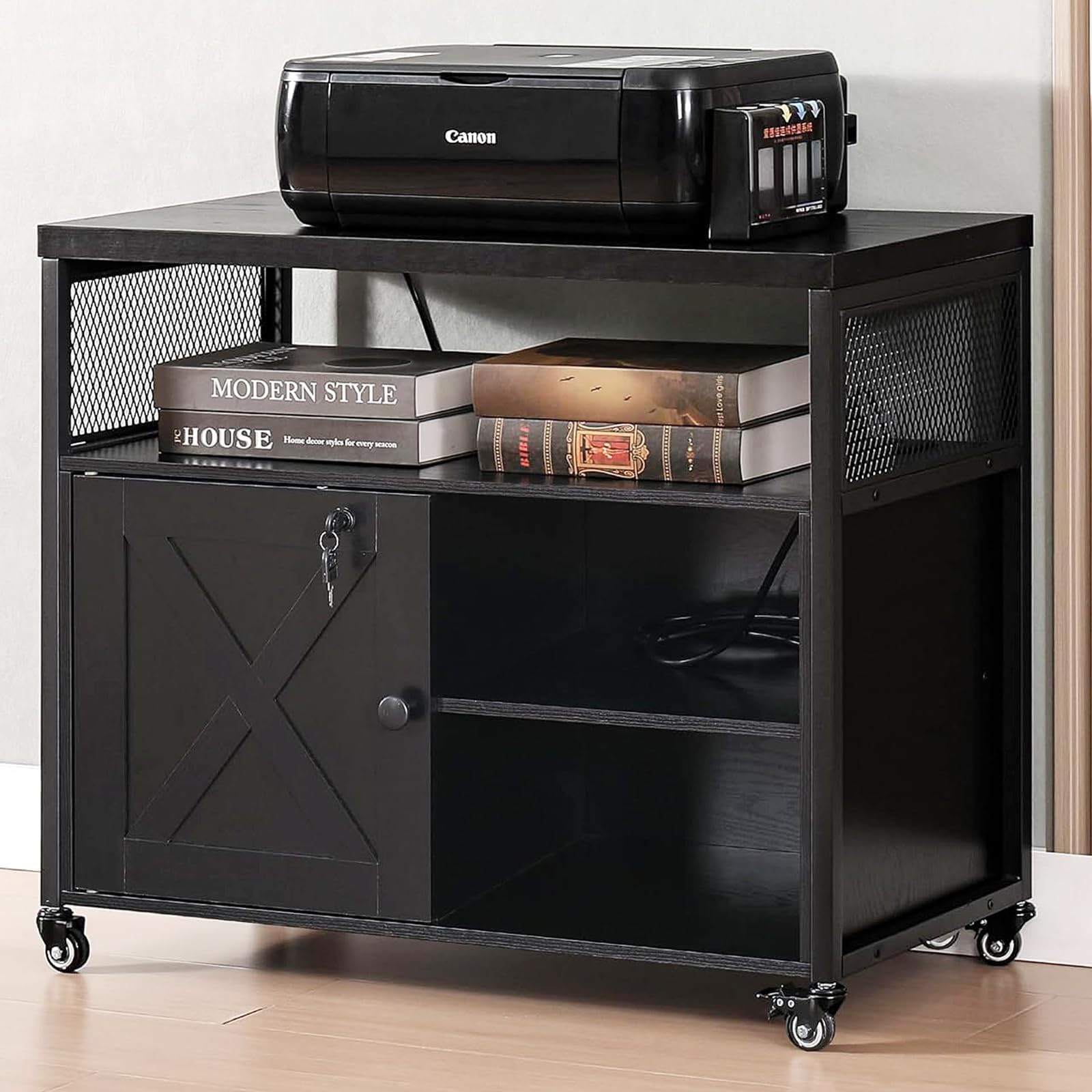 FUSUNBAO Farmhouse Printer Stand with Storage, Rolling Printer Cabinet with Shelves, Charge Station, Wheels, and File Cabinet for Home Office Storage (Black)