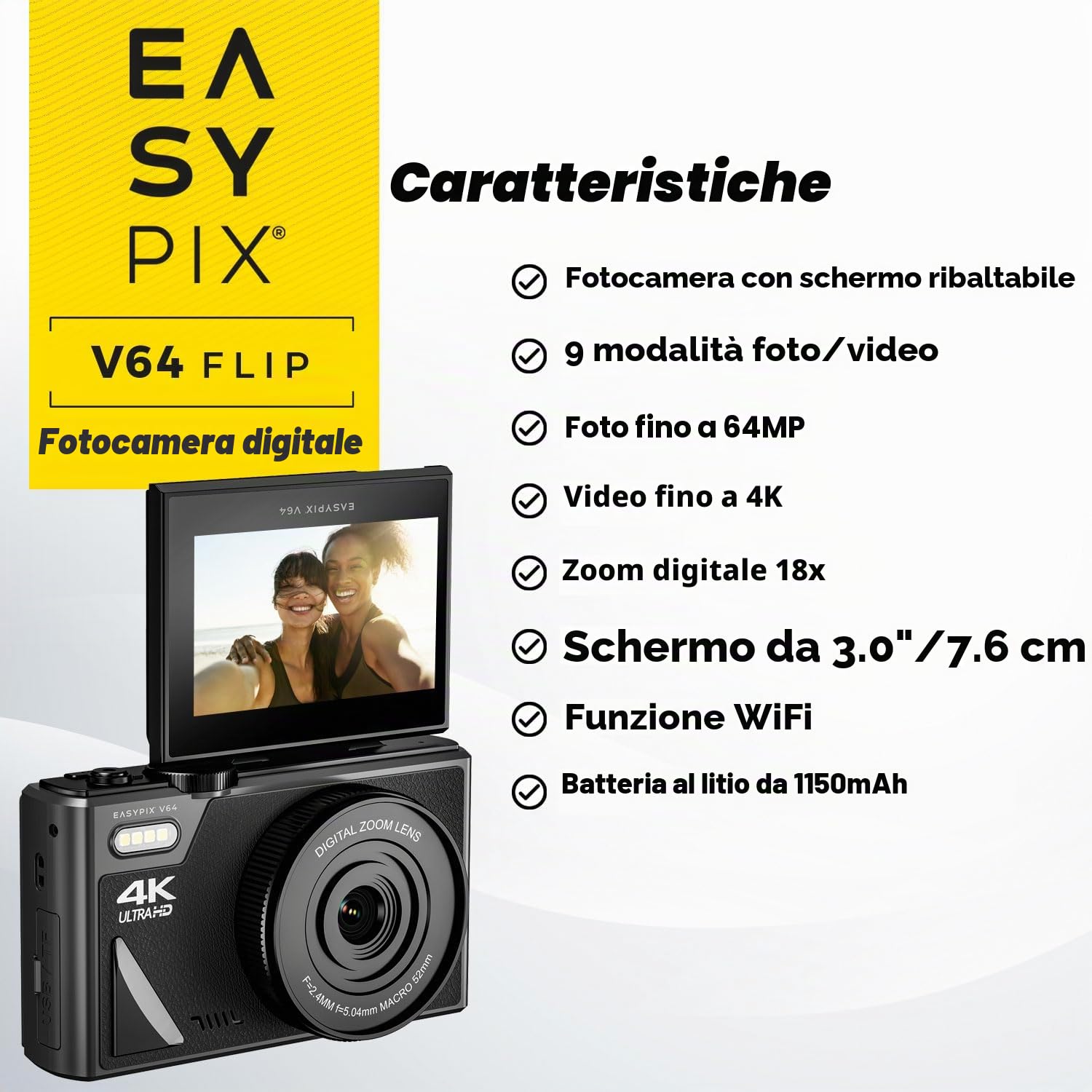 Easypix V64 Flip, fotocamera digitale con flip-screen, display pieghevole da 3,0", risoluzione fino a 64 MP, zoom digitale 18x, WiFi, perfetto per vlogger e selfie