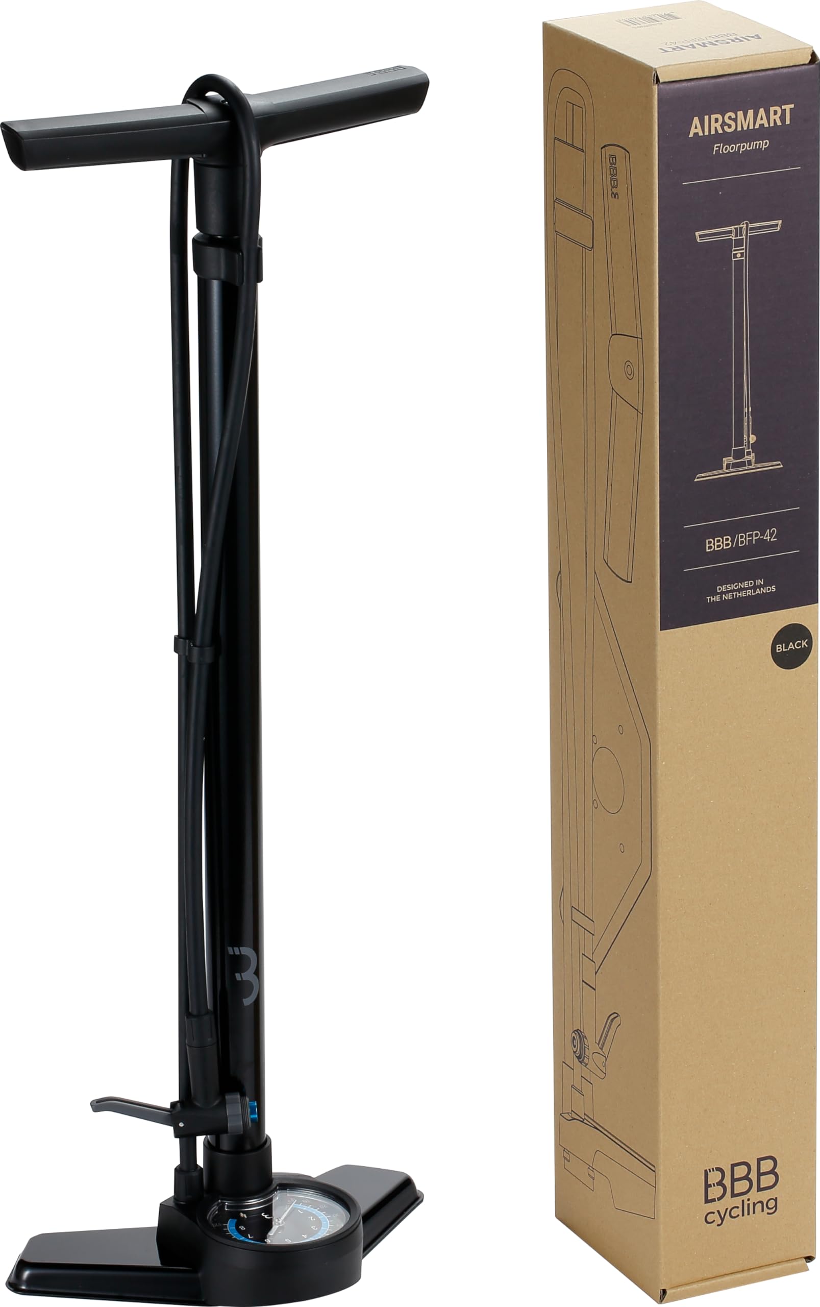 BBB Cycling AirSmart Fahrradpumpe mit Druckanzeige | Starke und präzise Standpumpe | Kompatibel mit Presta, Schrader und Dunlop | 120 cm Hochdruckschlauch aus Gummi | Schwarz | BFP-42