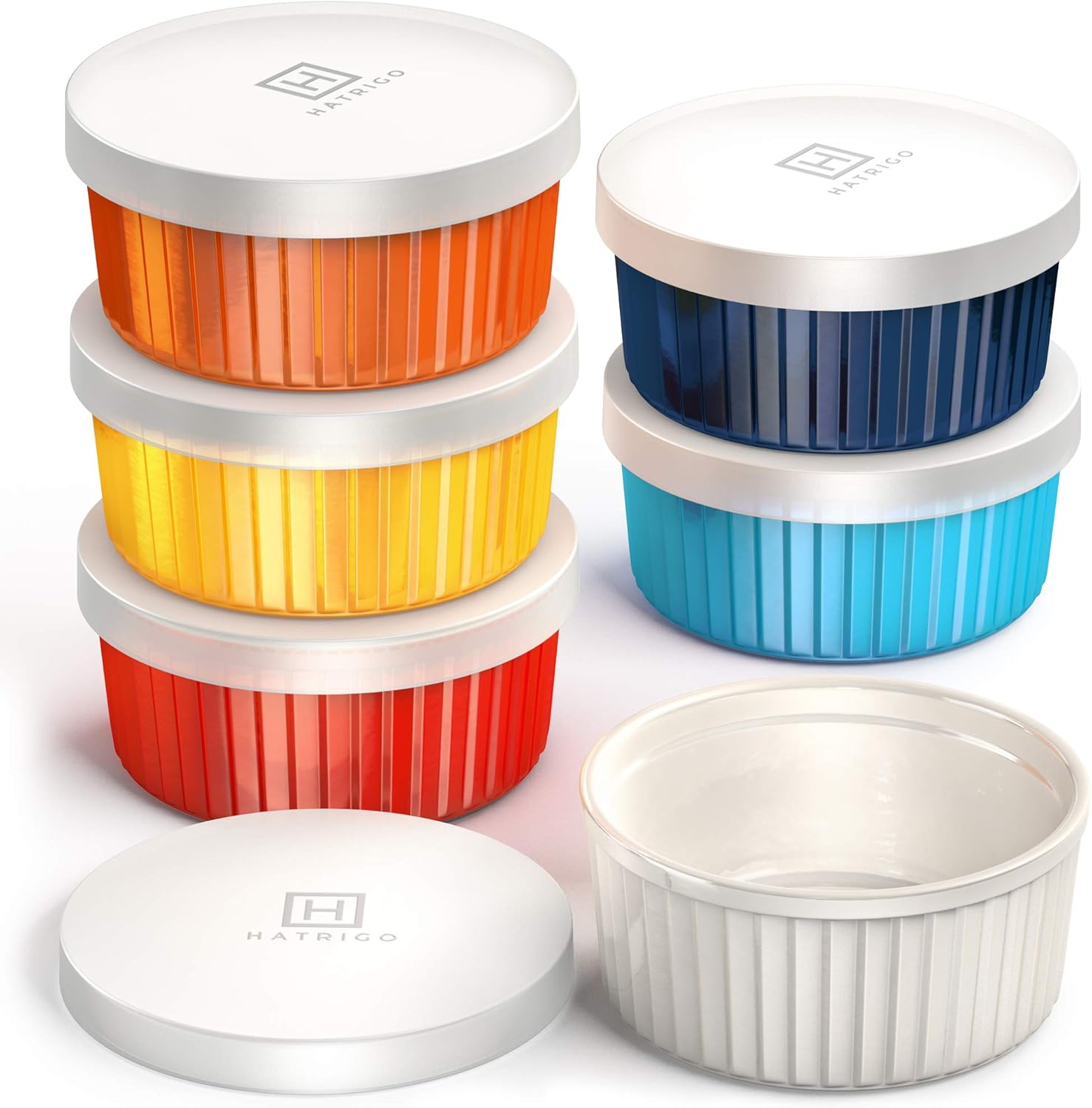 Hatrigo Porcelain Ramekins with Silicone Storage Lids, Set of 6